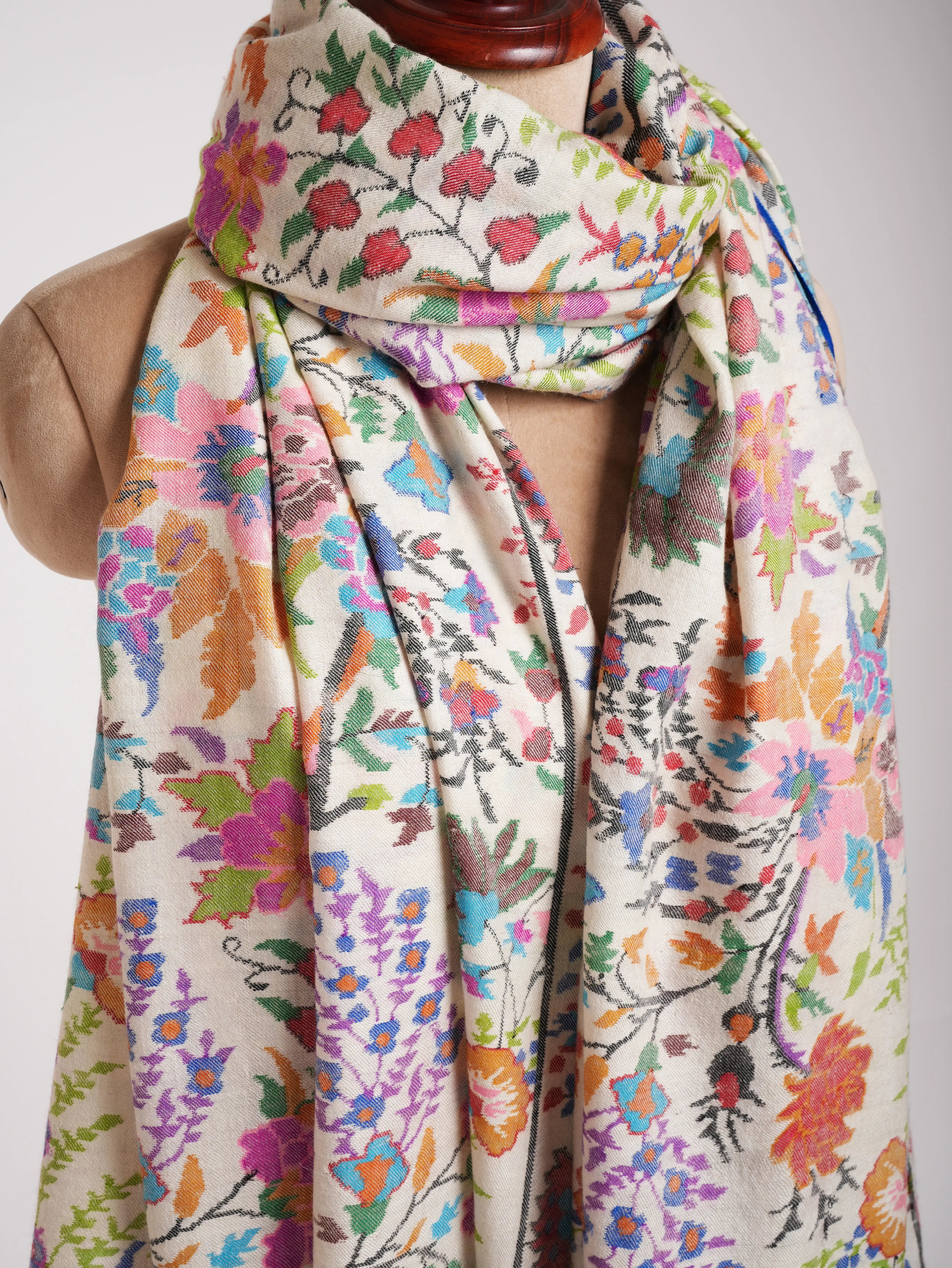 Ivory Oversized Handwoven Kani Shawl with Floral Motifs Shahkaar