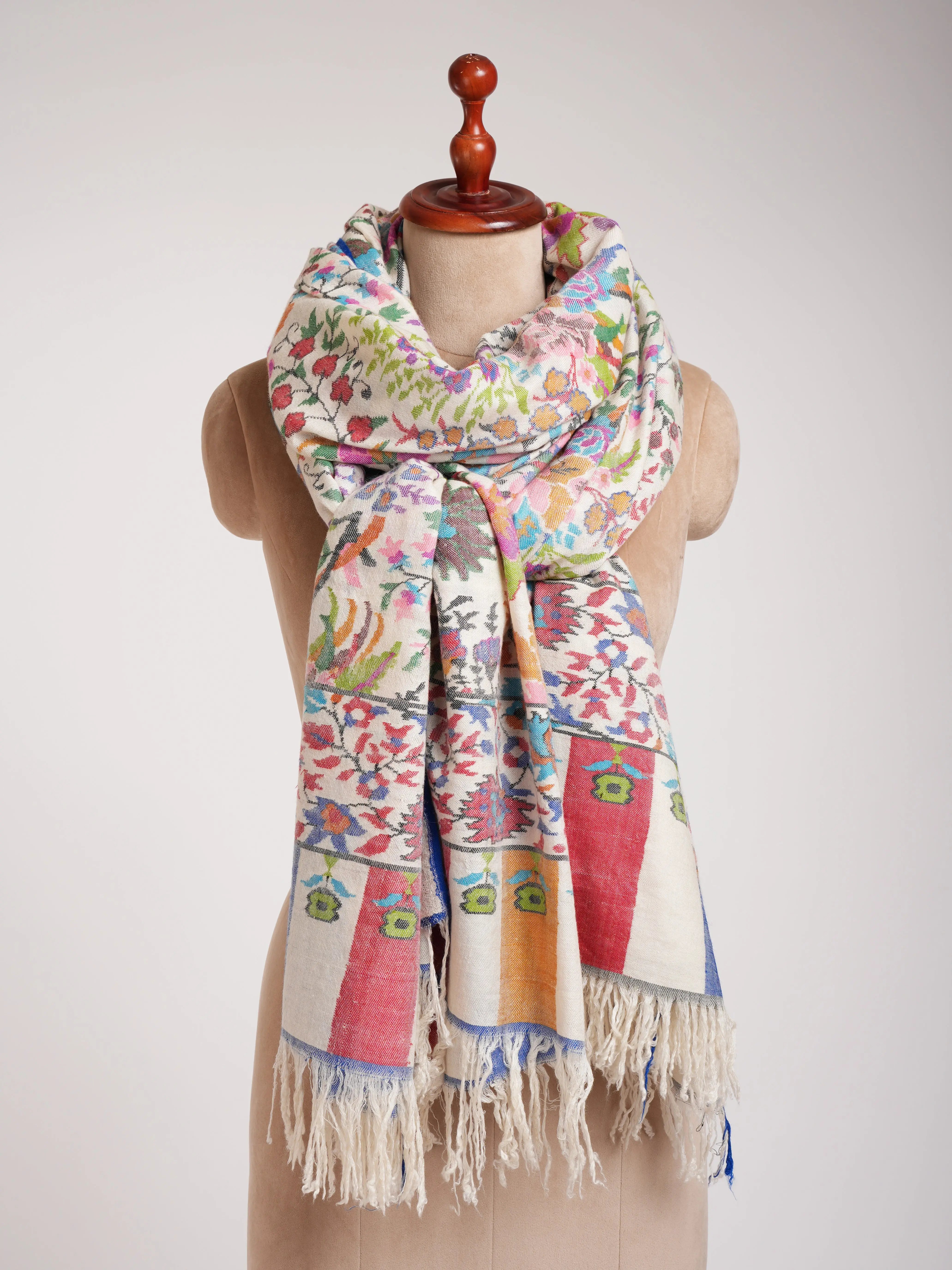 Ivory Oversized Handwoven Kani Shawl with Floral Motifs Shahkaar