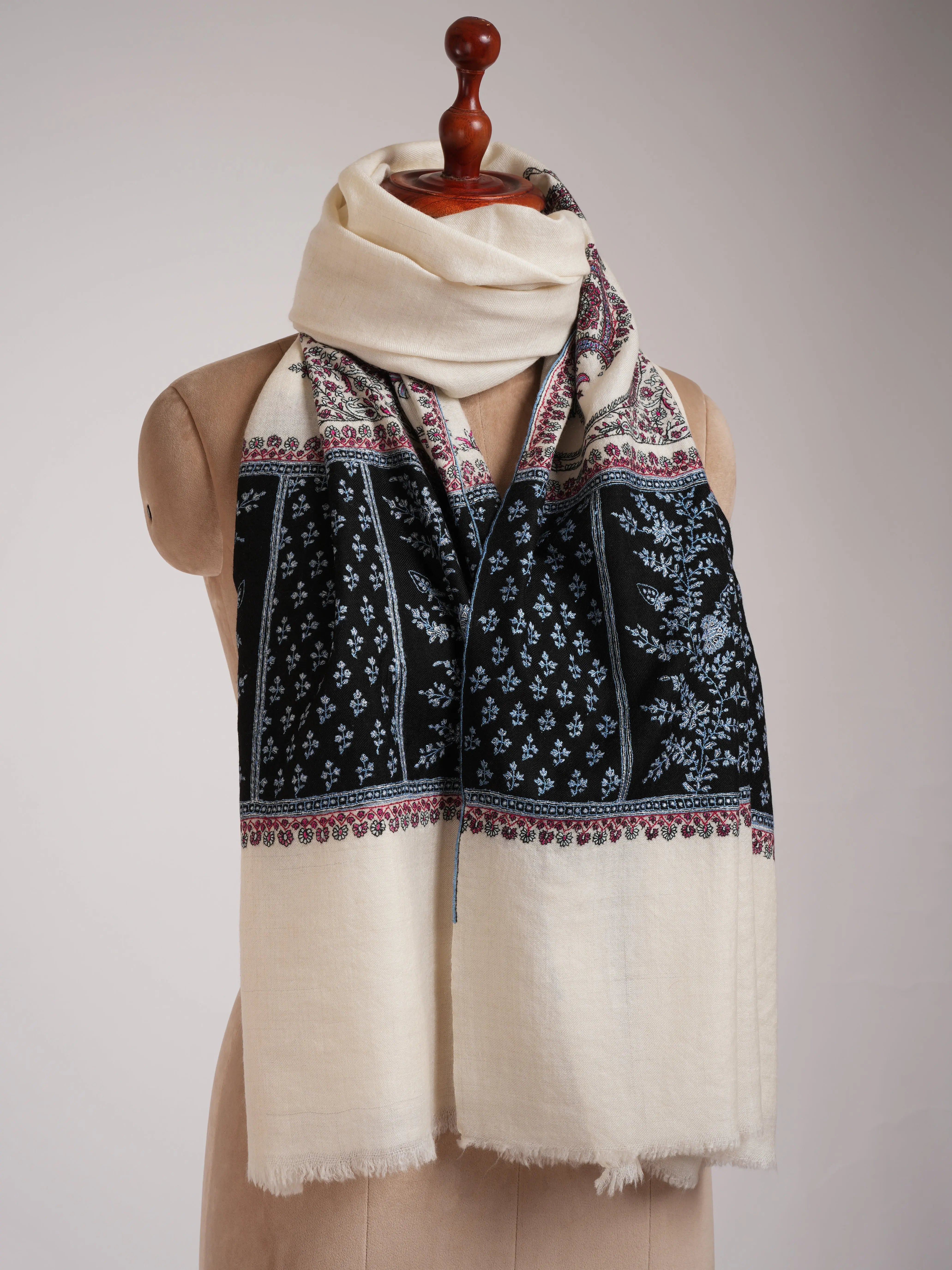 Ivory Palla Embroidered Original Kashmiri Pashmina Shawl Shahkaar