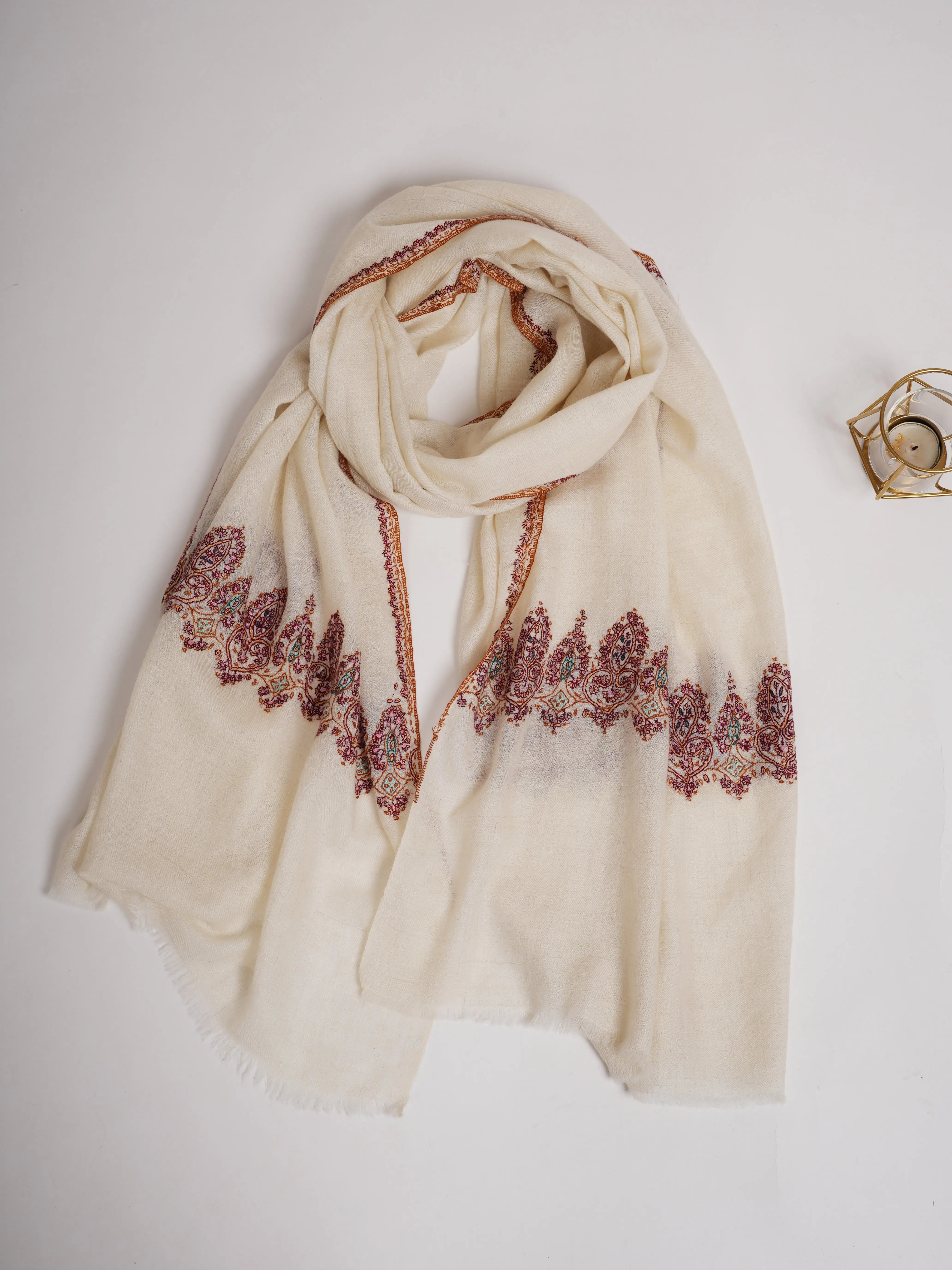 Ivory Palla Sozni Embroidered Soft Cashmere Stole Shahkaar