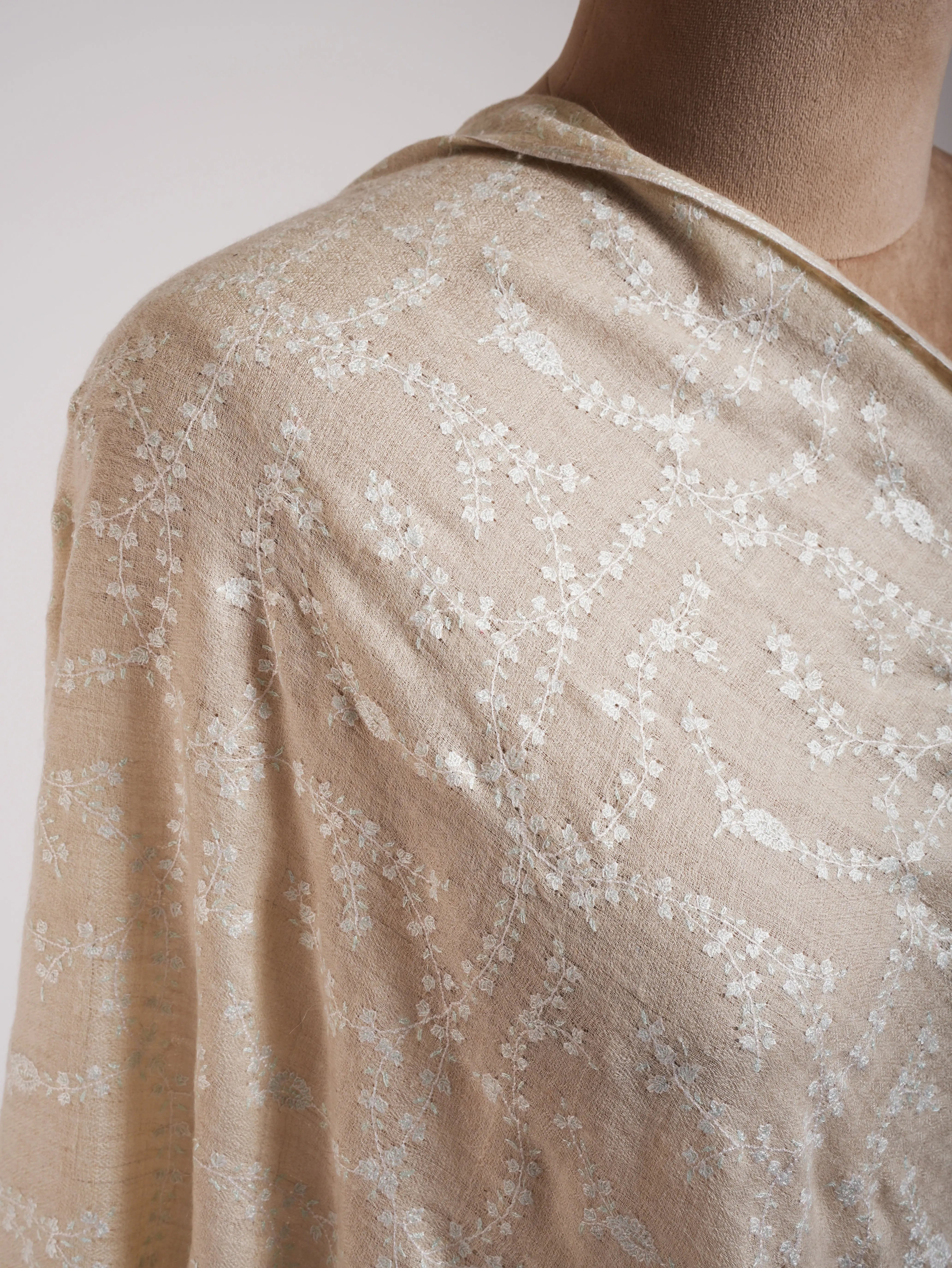 Ivory Pashmina Shawl White Sozni Embroidery Shahkaar