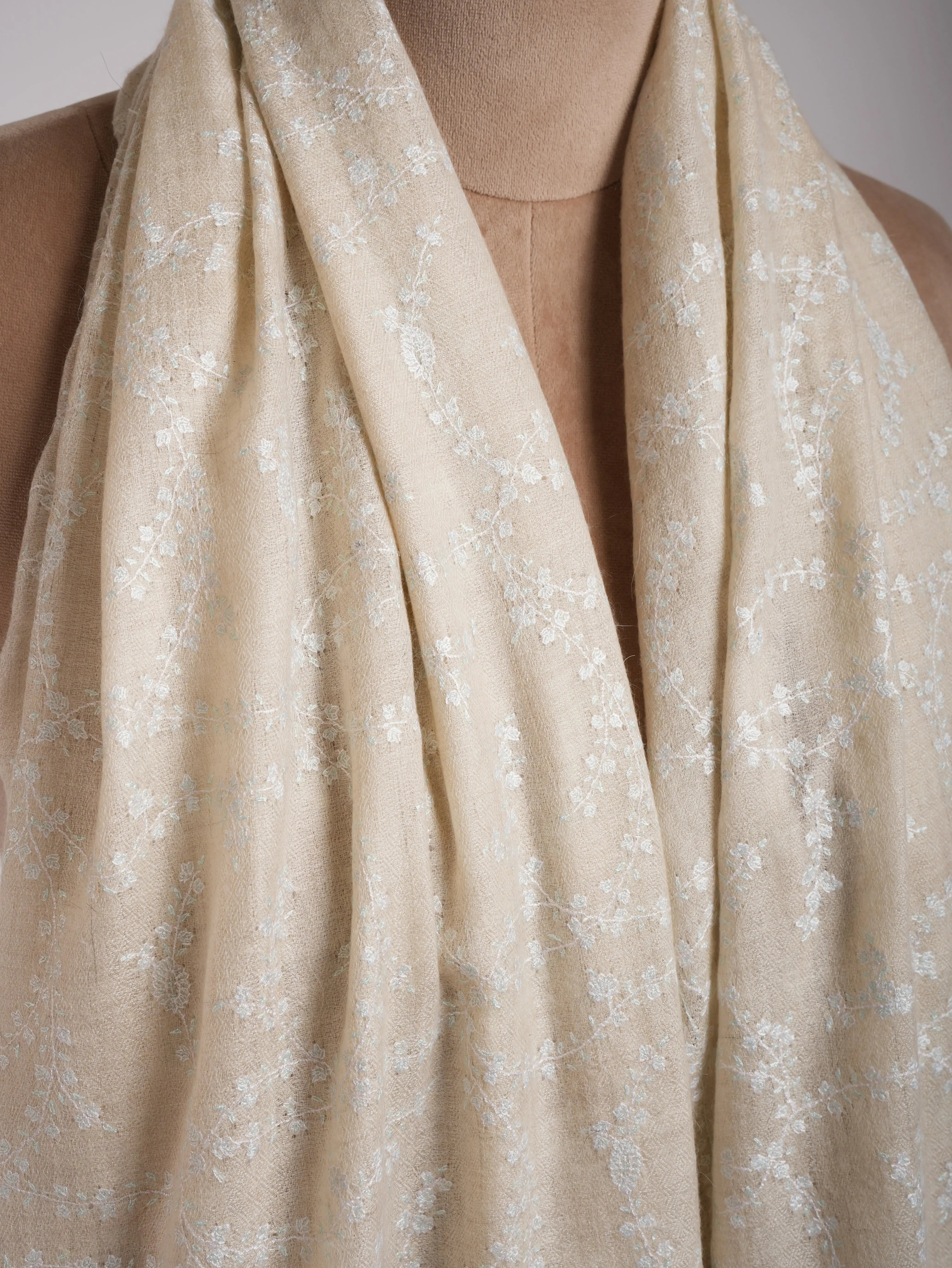 Ivory Pashmina Shawl White Sozni Embroidery Shahkaar