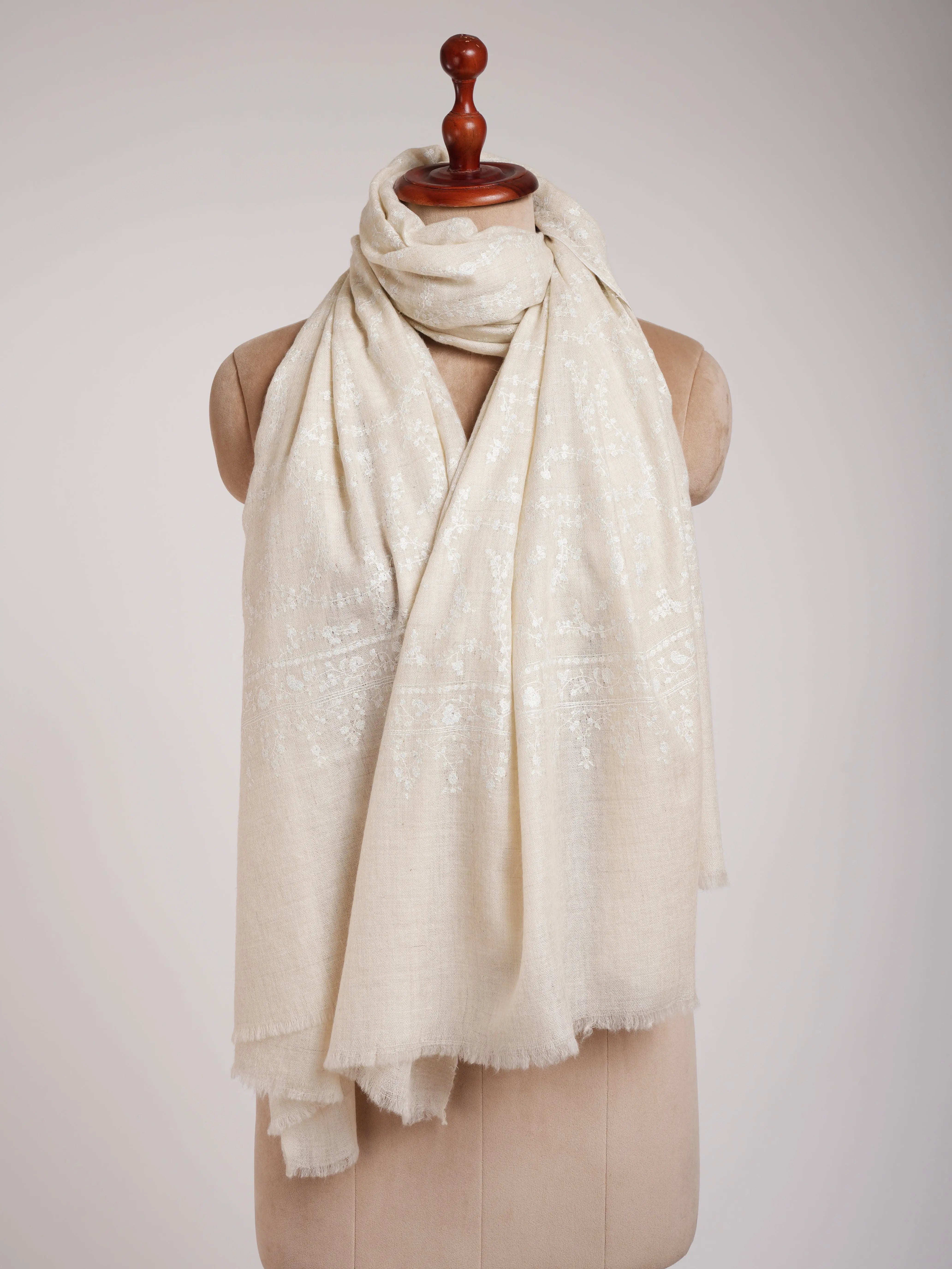 Ivory Pashmina Shawl White Sozni Embroidery Shahkaar