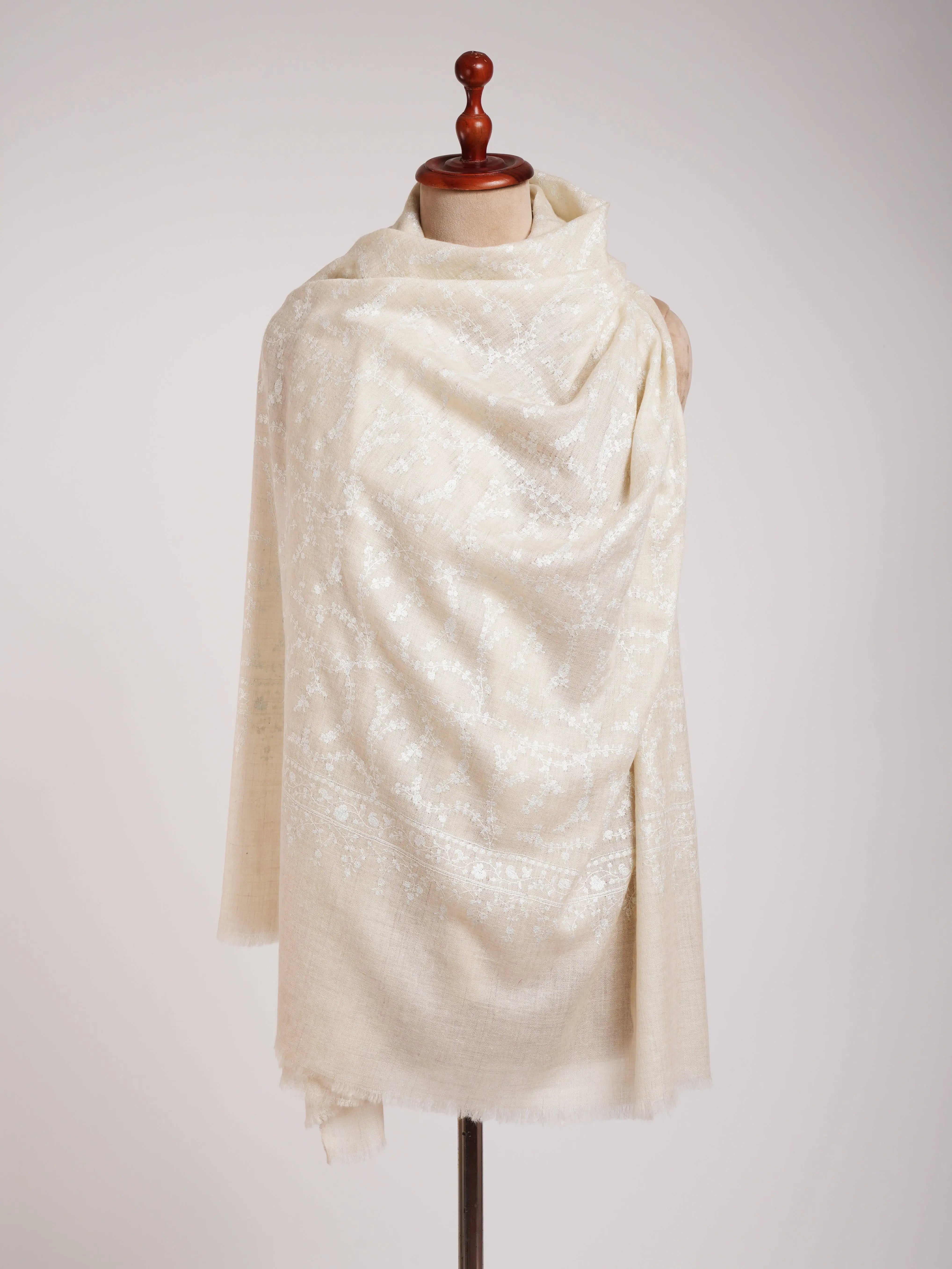 Ivory Pashmina Shawl White Sozni Embroidery Shahkaar
