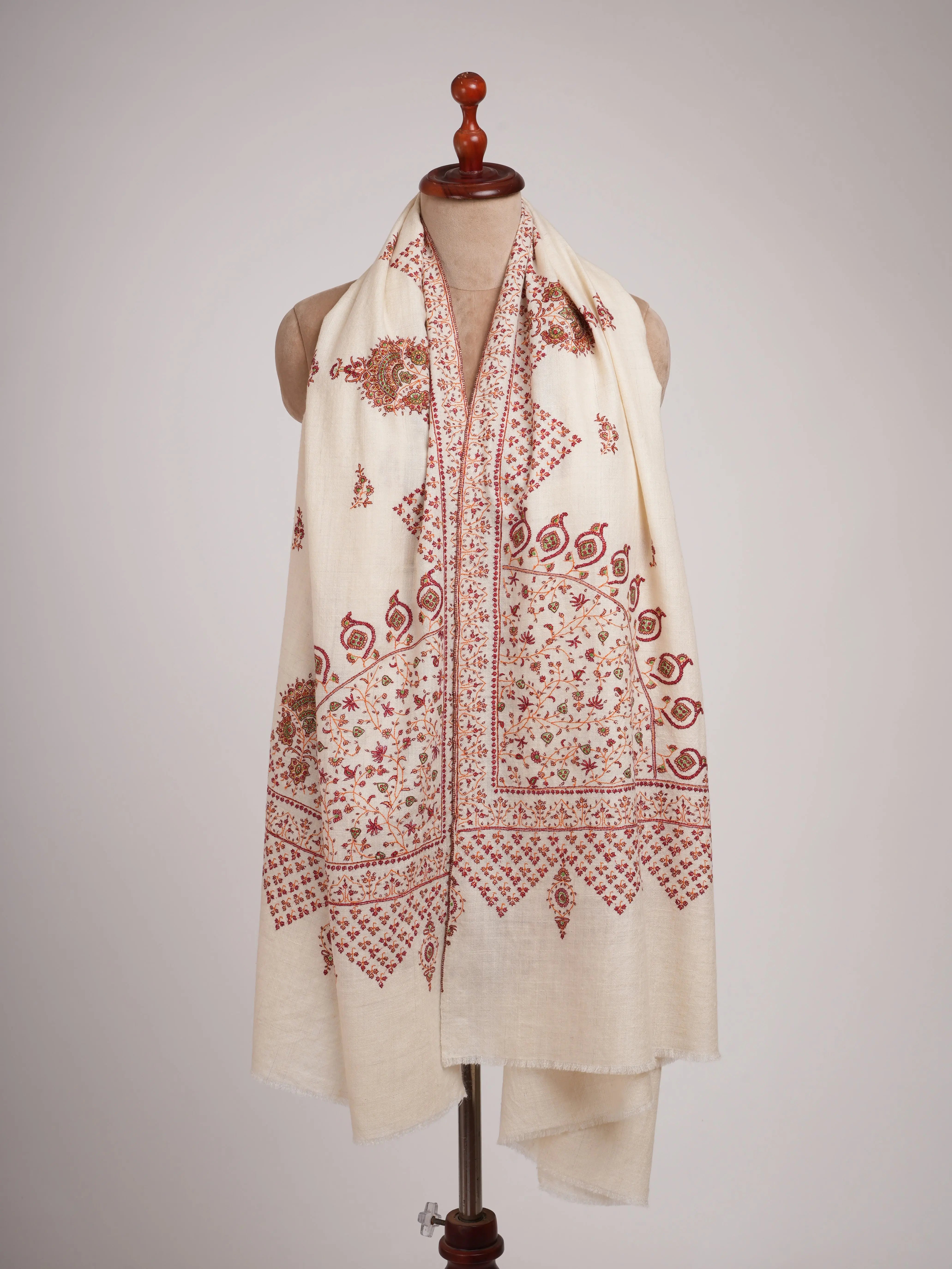 Ivory Pashmina Shawl with Jali Daur Sozni Embroidery Shahkaar
