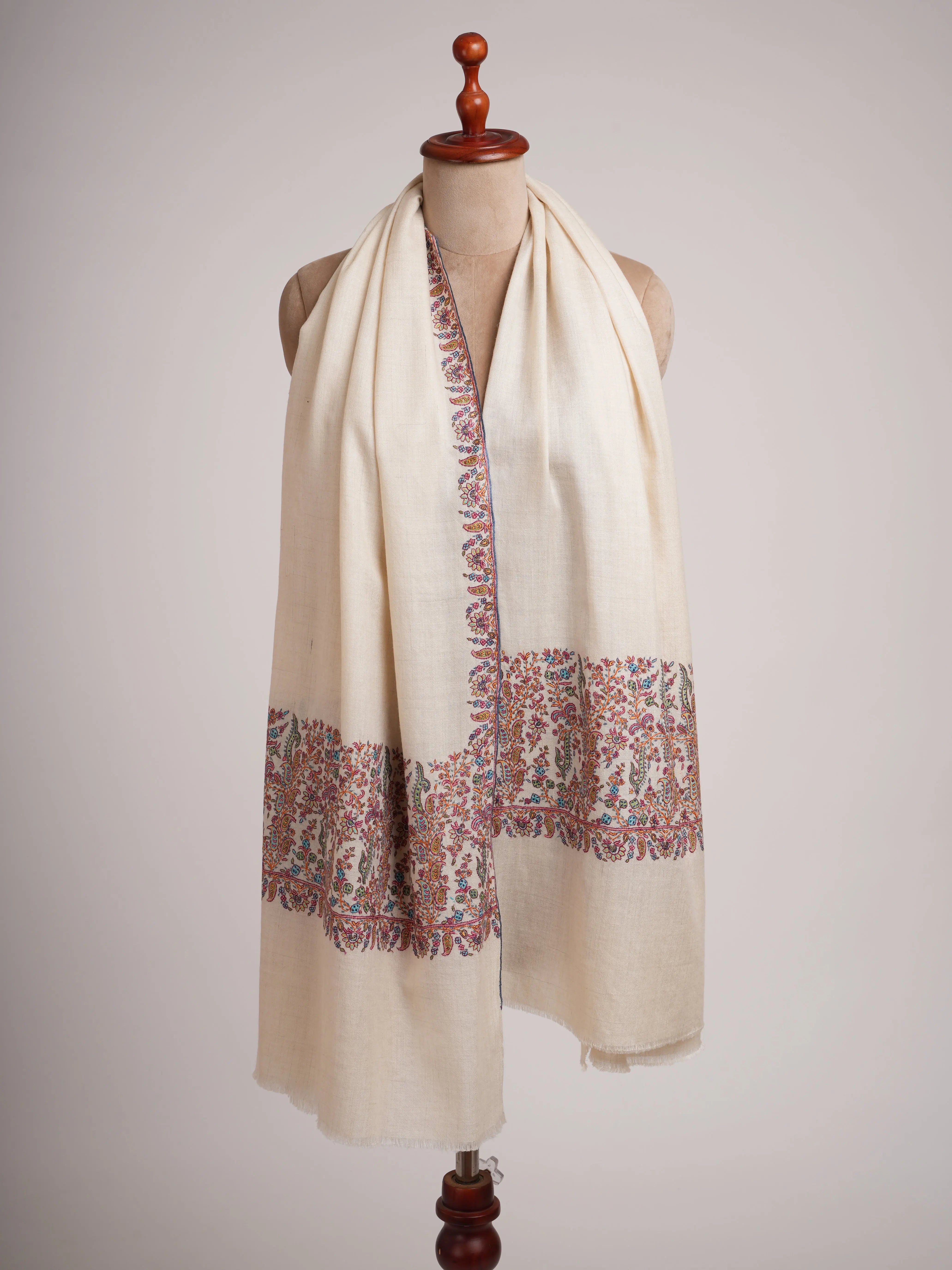 Ivory Pashmina Shawl with Paisley Embroidered Palla Shahkaar