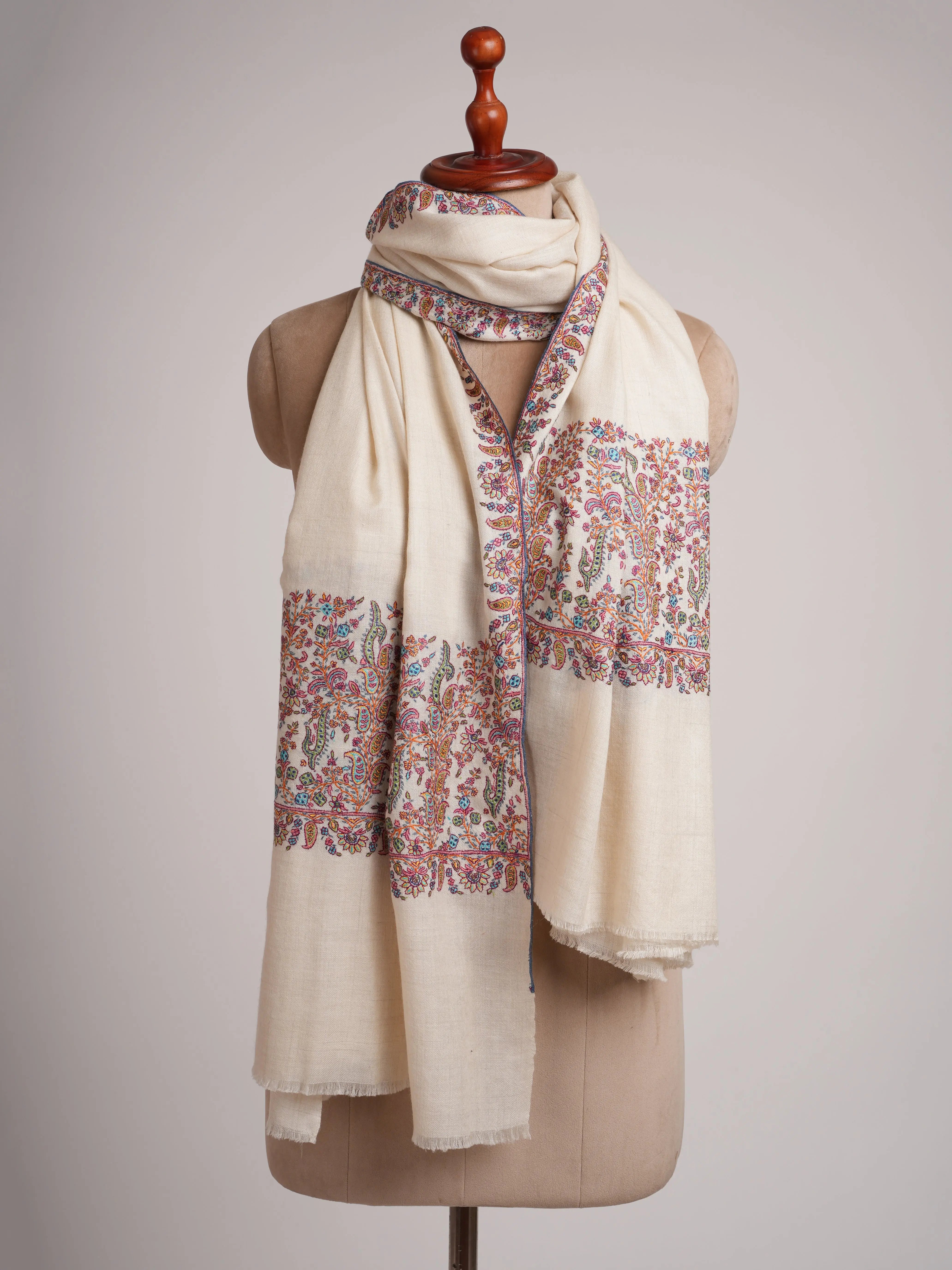 Ivory Pashmina Shawl with Paisley Embroidered Palla Shahkaar