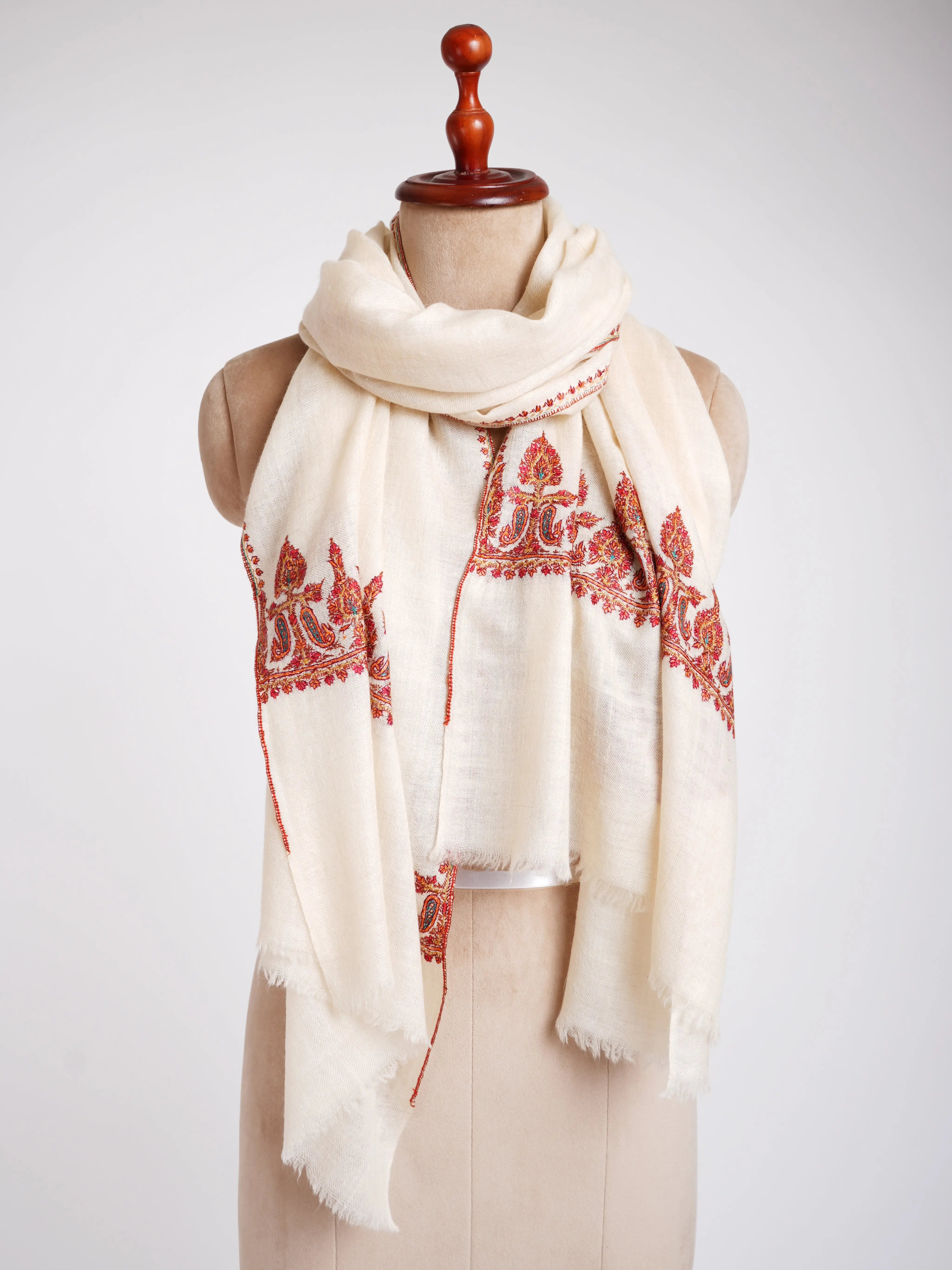Ivory Pure Pashmina Handmade Cashmere Stole Shahkaar