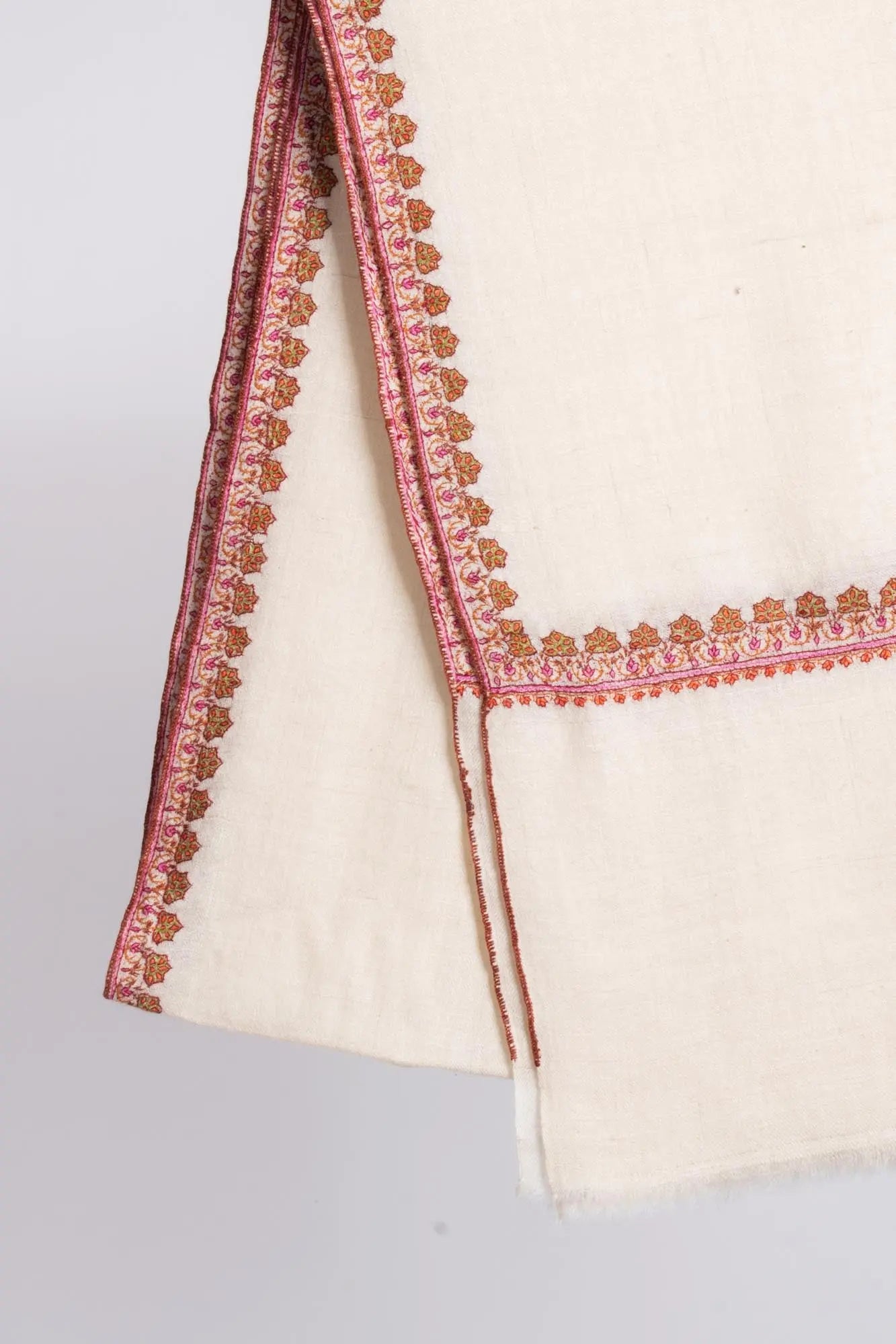 Ivory Pure Pashmina Hashia Embroidered Shawl - TORRIDGE Shahkaar