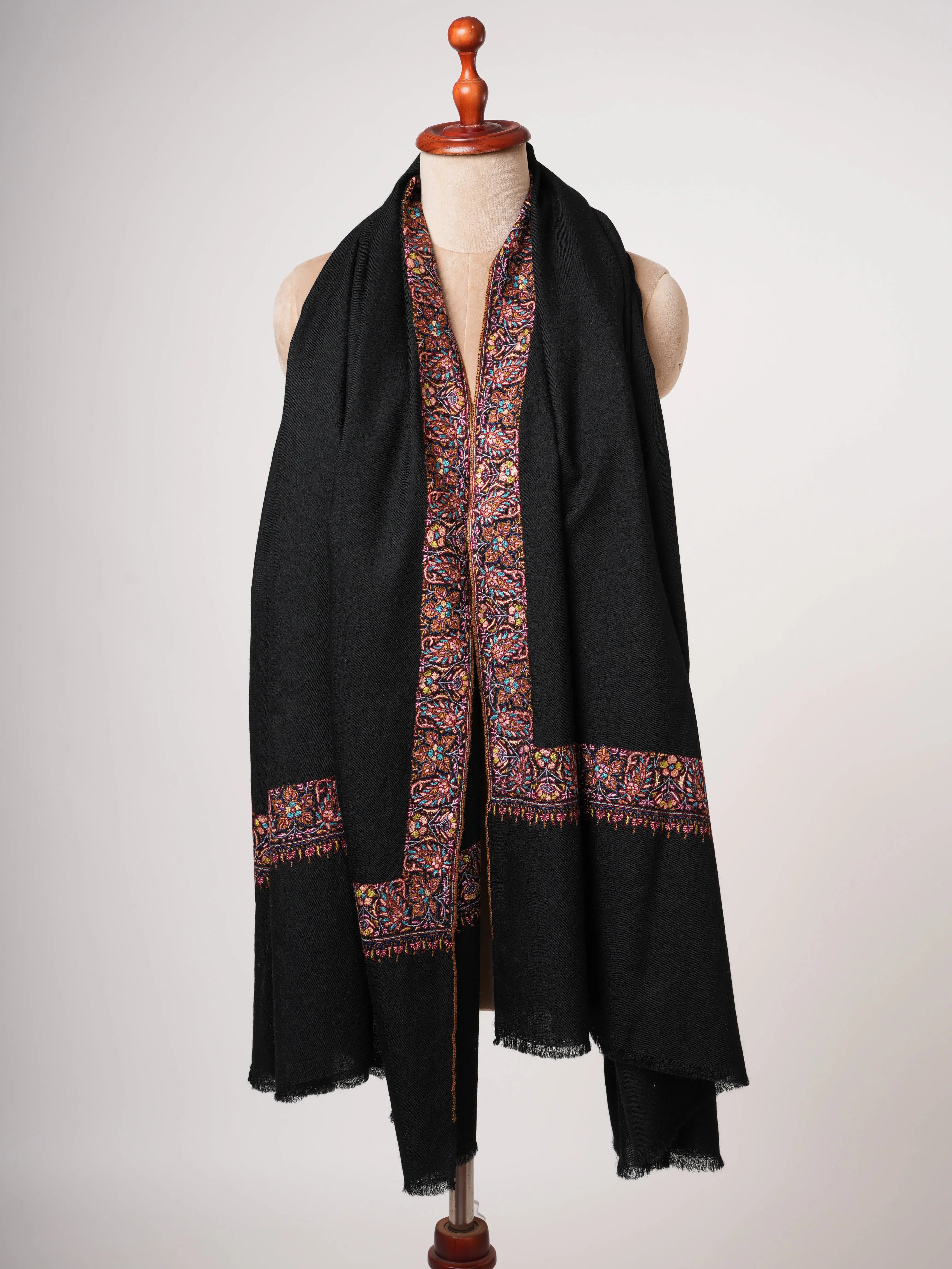 Jet Black Embroidered Luxurious Kashmiri Pashmina Shawl – Authentic Artisan Wrap Shahkaar