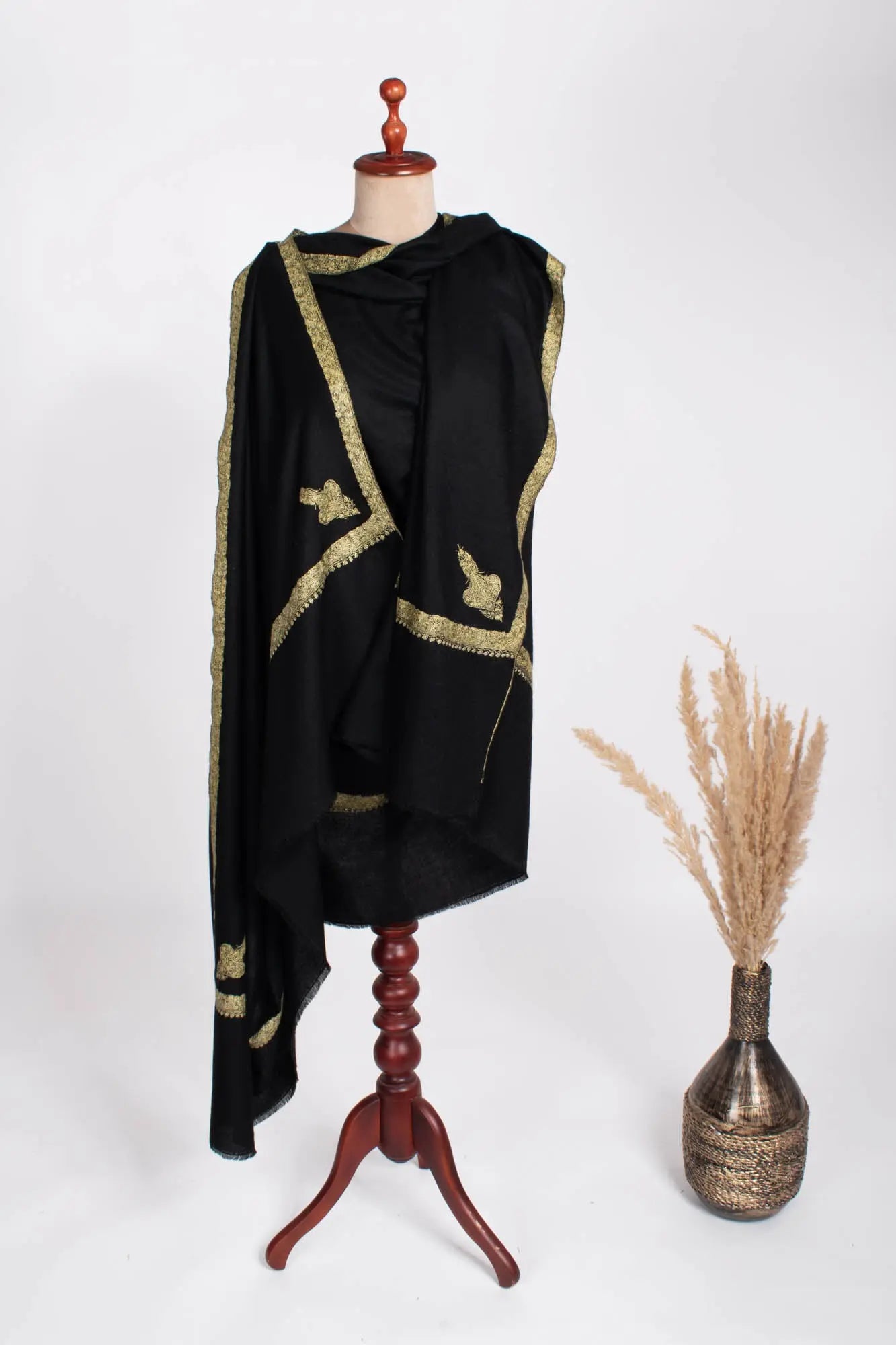 Jet Black Hashia Intricately Embroidered Oversized Wrap - PINE Shahkaar