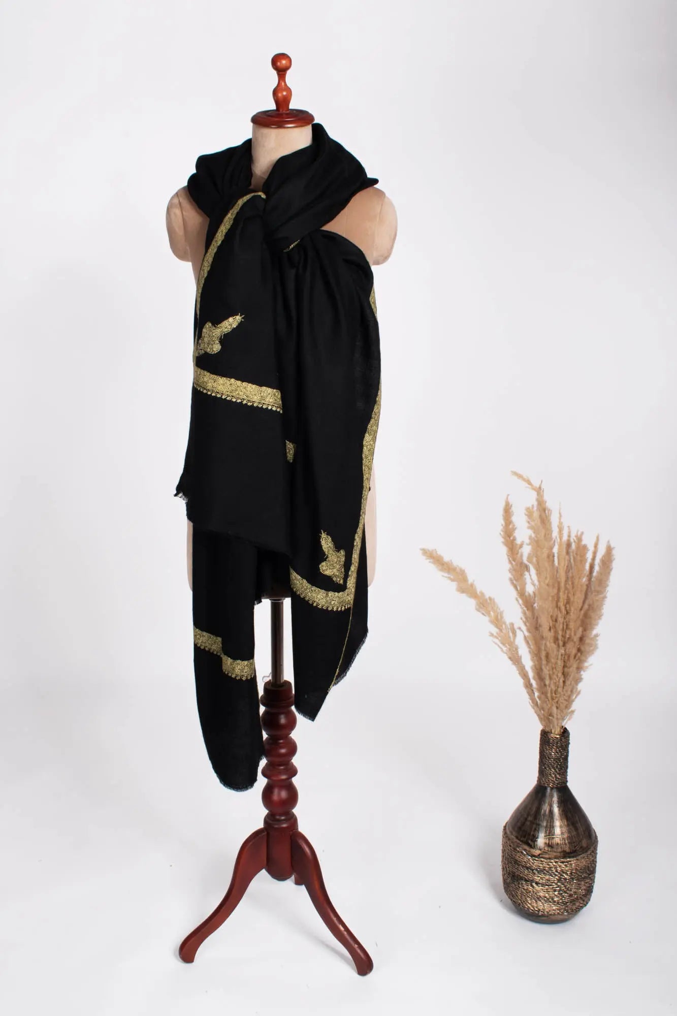 Jet Black Hashia Intricately Embroidered Oversized Wrap - PINE Shahkaar