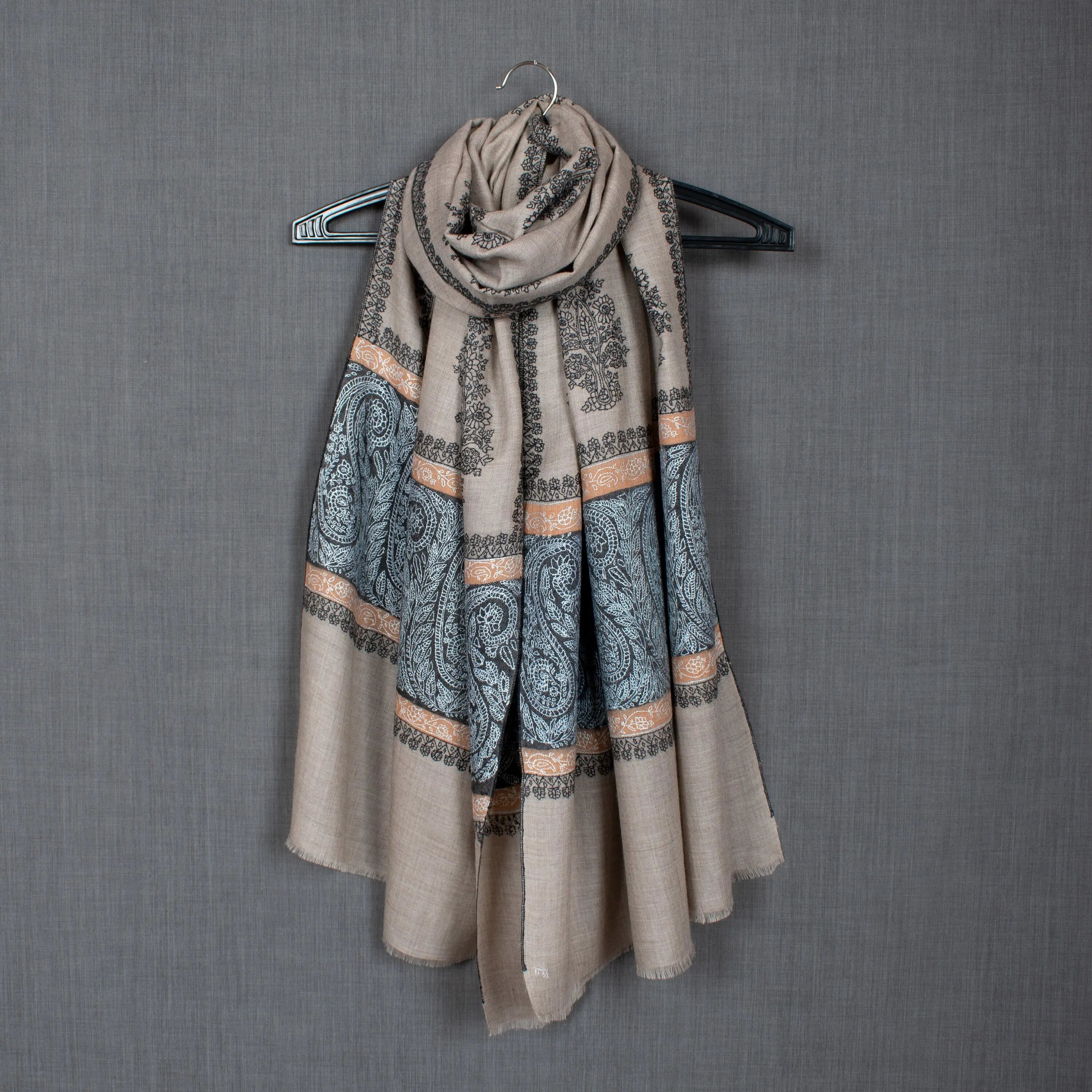 Juwairiyah Paisley Kashmiri Embroidered Scarf, Pure Pashmina Wrap, 28x80" Shahkaar