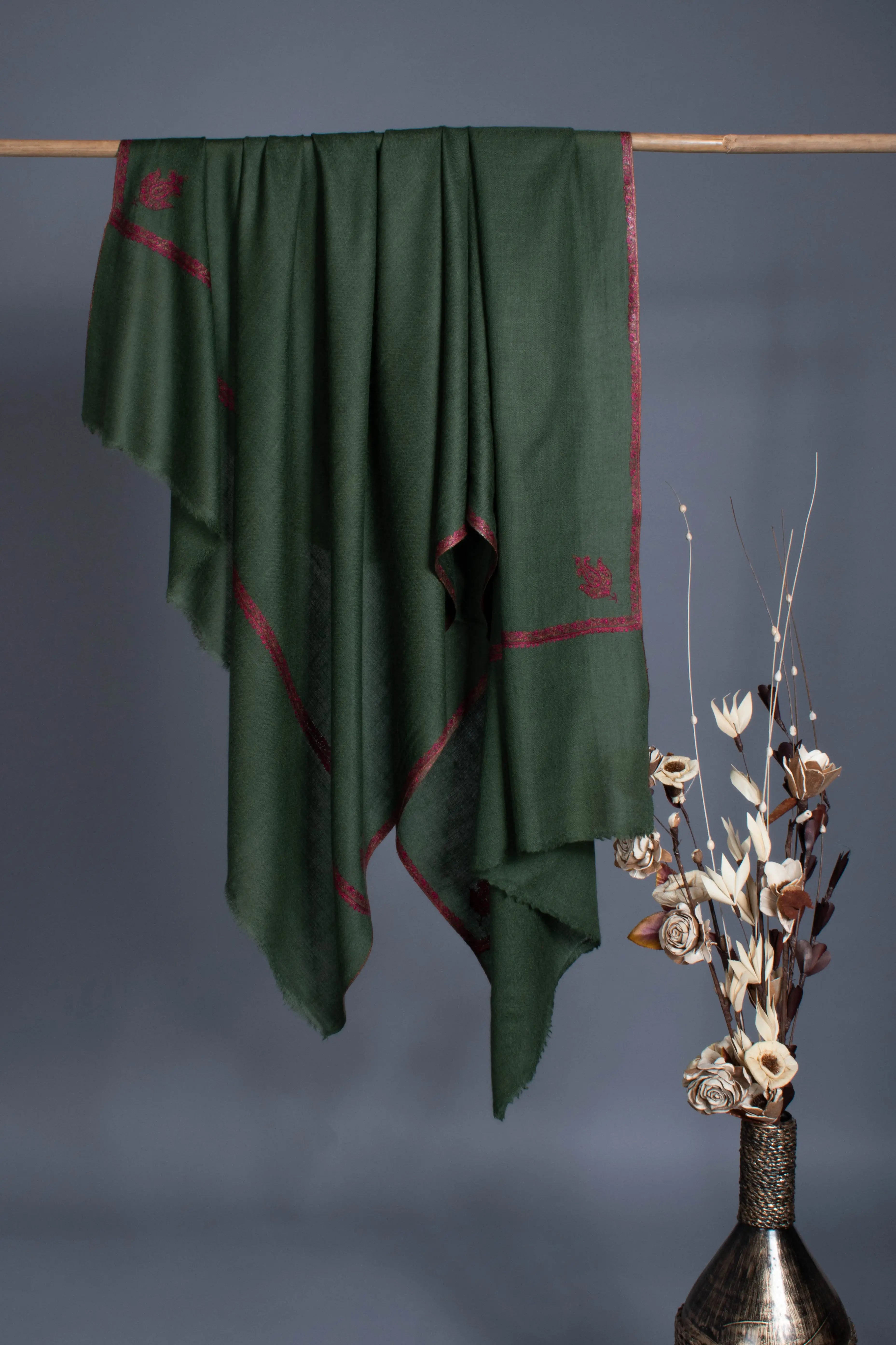 Kale Green Embroidered Travel Pashmina Shawl Shahkaar