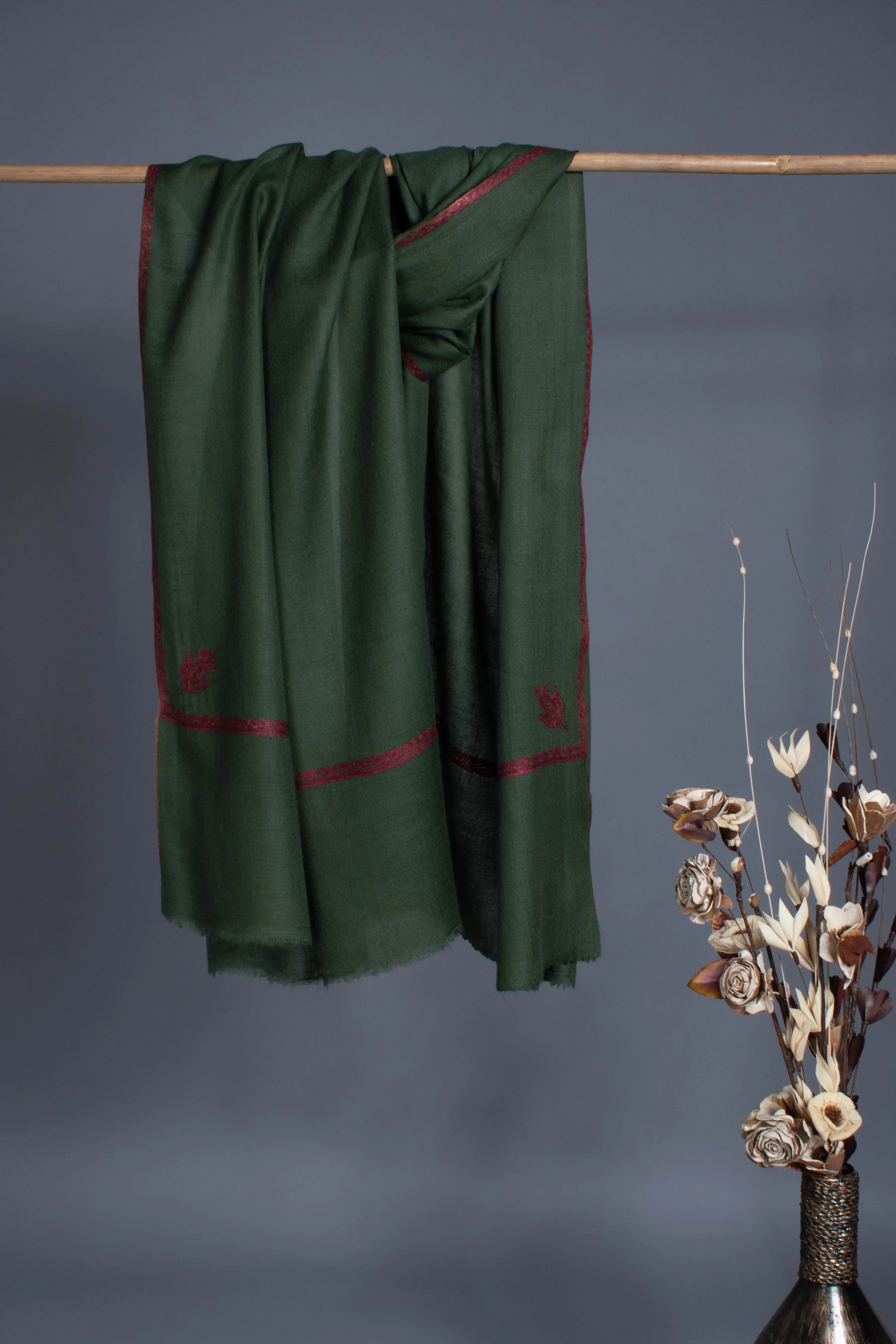 Kale Green Embroidered Travel Pashmina Shawl Shahkaar
