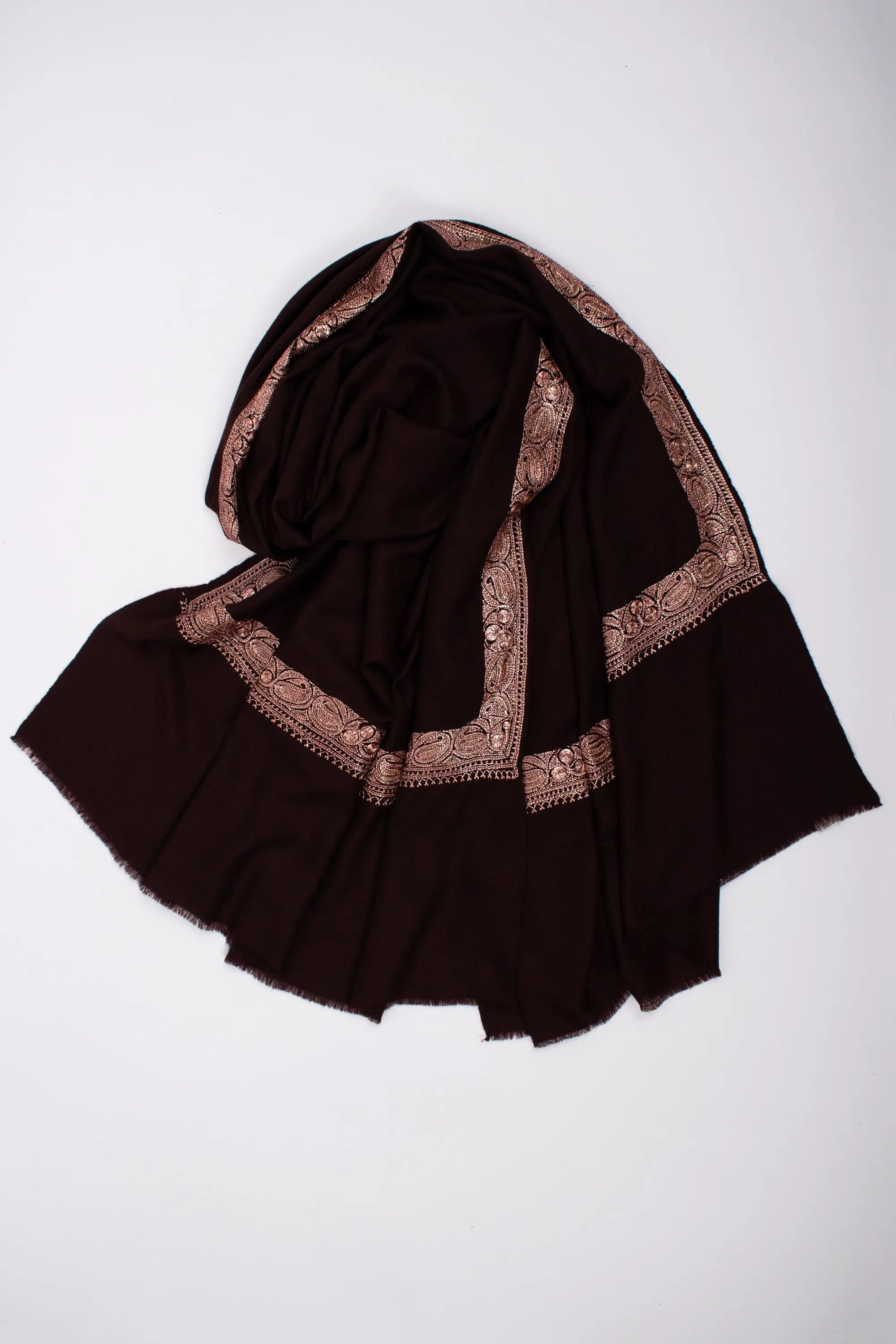 Kashmir Embroidery Shawls, Tilla Work Cashmere Scarves, Authentic Pashmina, Dark Chocolate Color, Wedding Gifts, 40x80" - FORLI Shahkaar