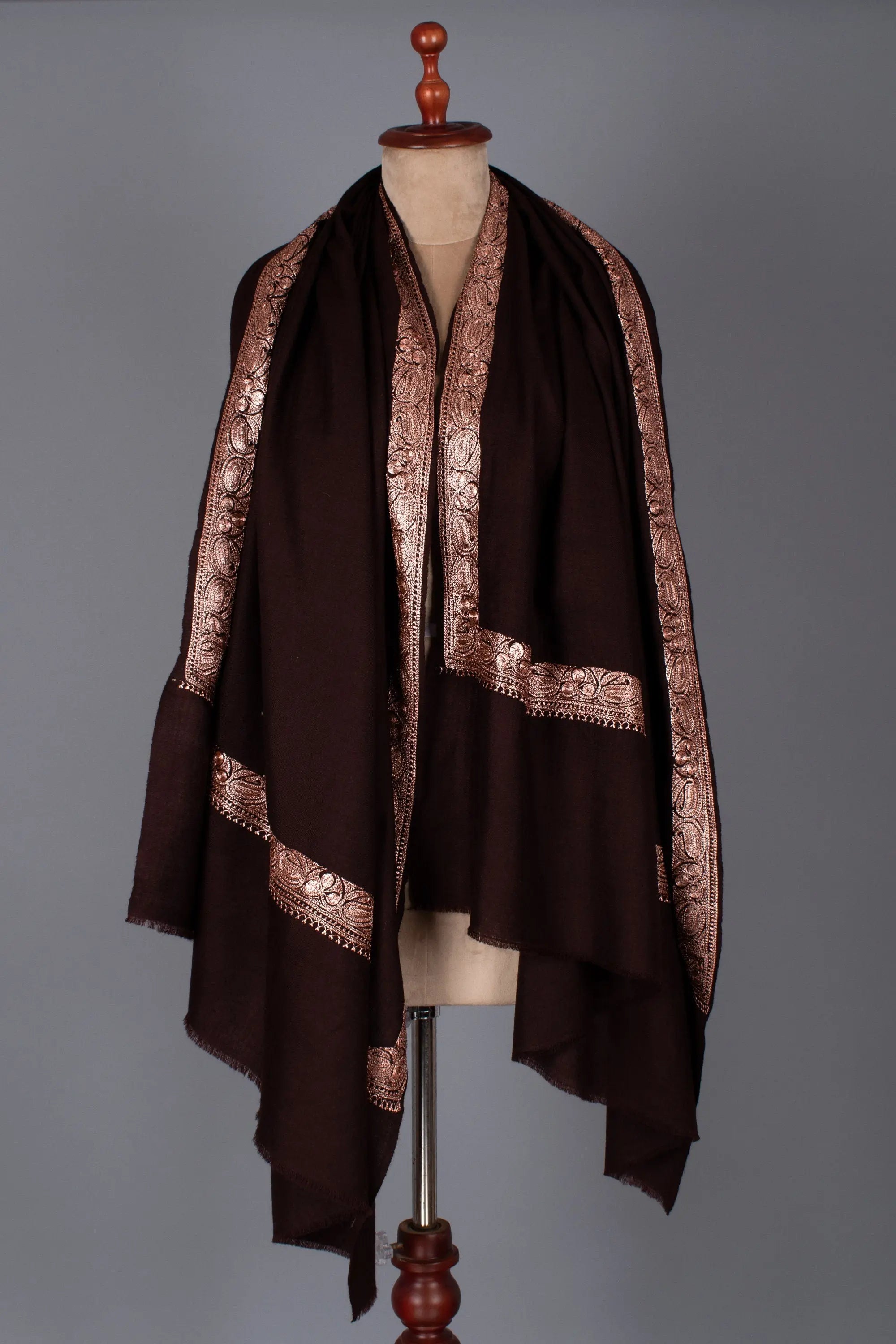 Kashmir Embroidery Shawls, Tilla Work Cashmere Scarves, Authentic Pashmina, Dark Chocolate Color, Wedding Gifts, 40x80" - FORLI Shahkaar