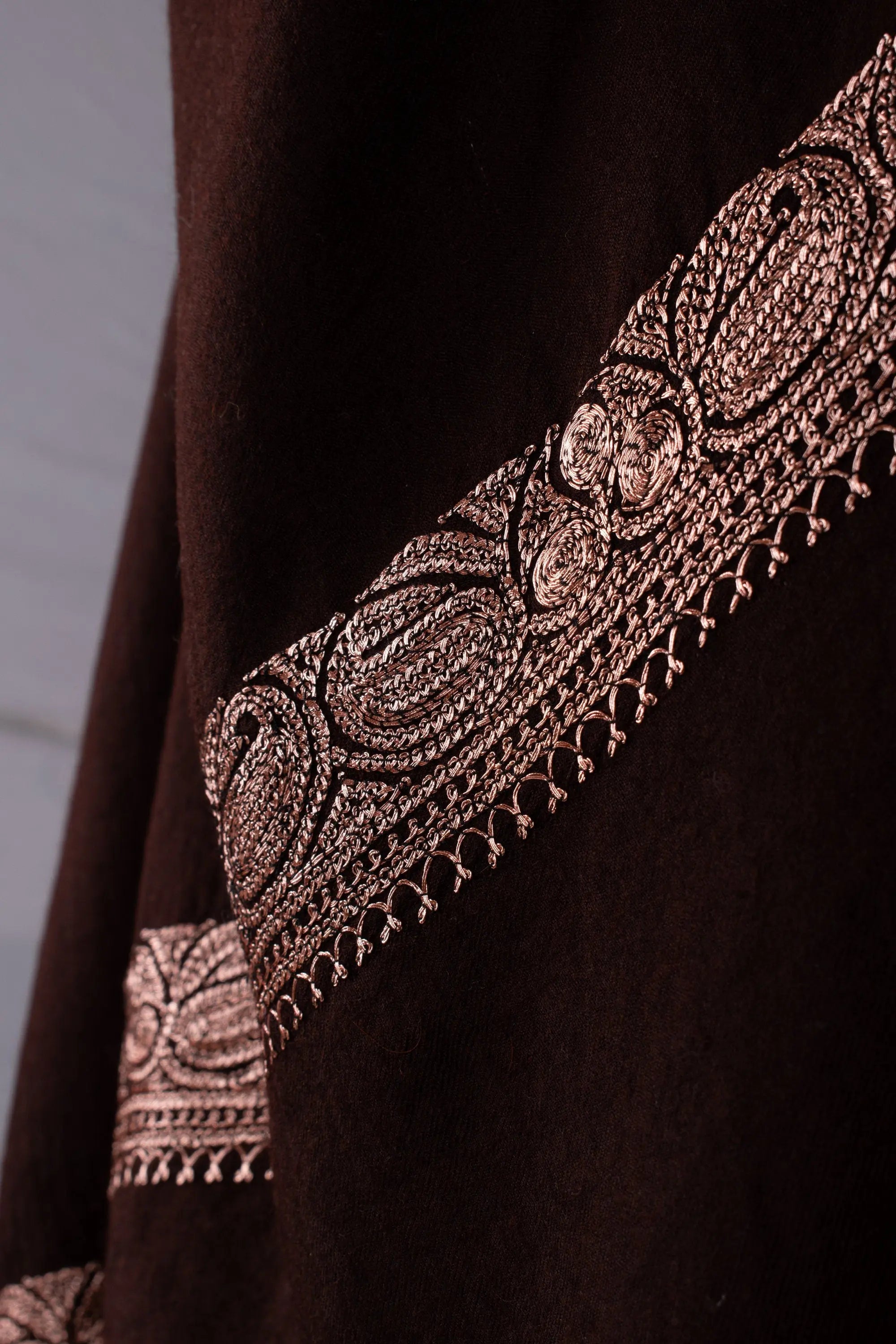 Kashmir Embroidery Shawls, Tilla Work Cashmere Scarves, Authentic Pashmina, Dark Chocolate Color, Wedding Gifts, 40x80" - FORLI Shahkaar