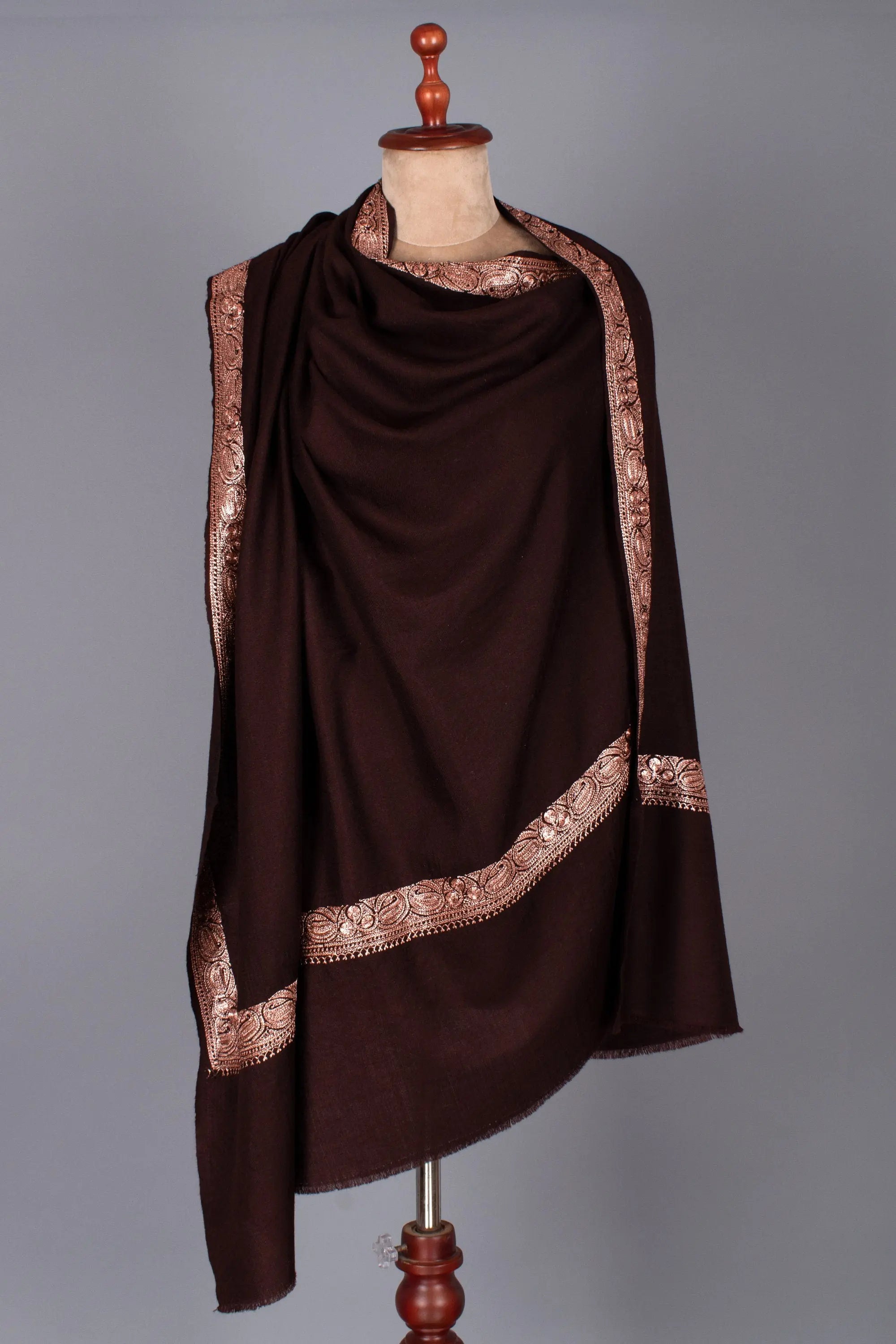 Kashmir Embroidery Shawls, Tilla Work Cashmere Scarves, Authentic Pashmina, Dark Chocolate Color, Wedding Gifts, 40x80" - FORLI Shahkaar