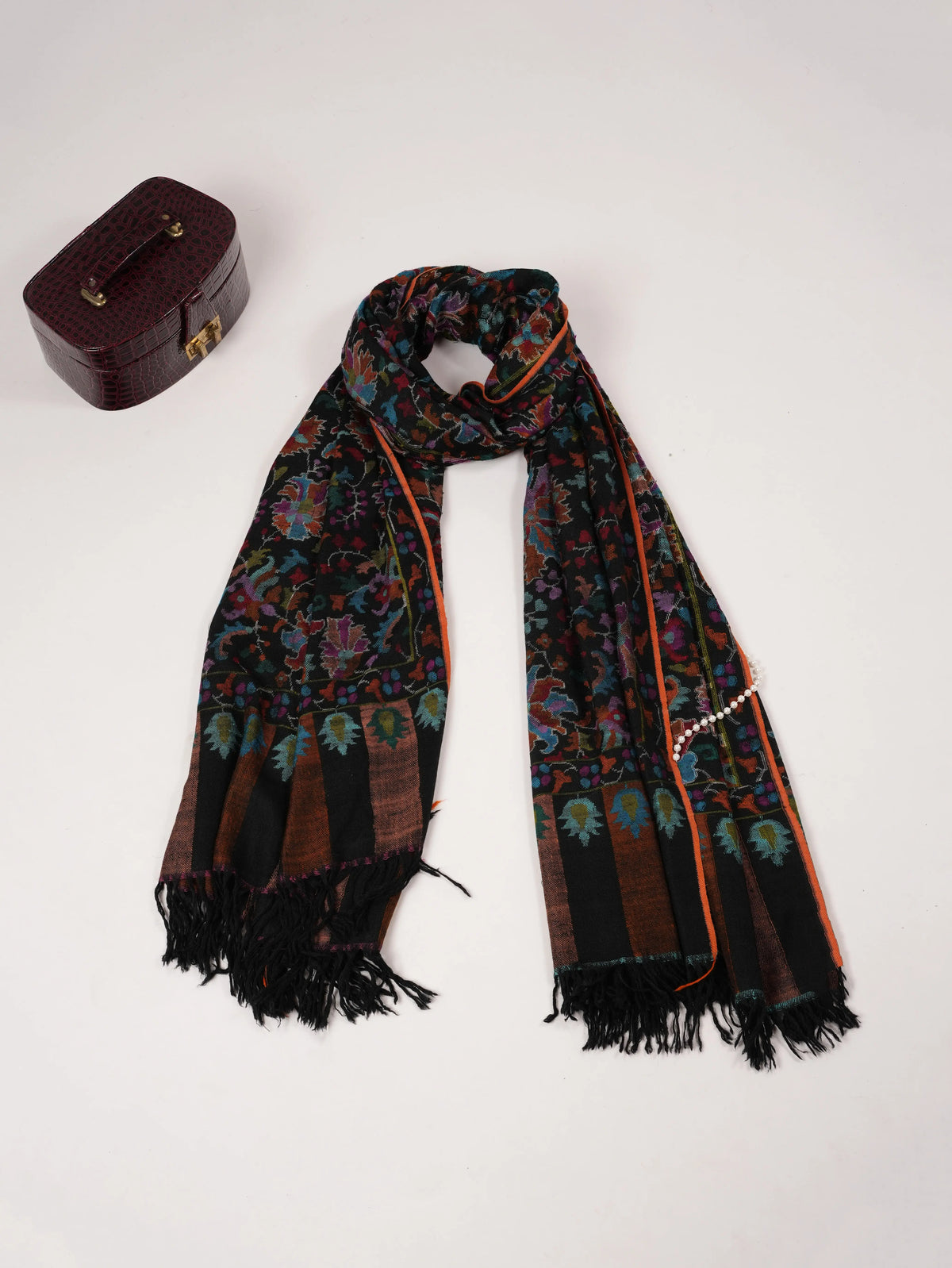 Keşmir Siyah Kani El Dokuma Otantik Uzun Şal Şal