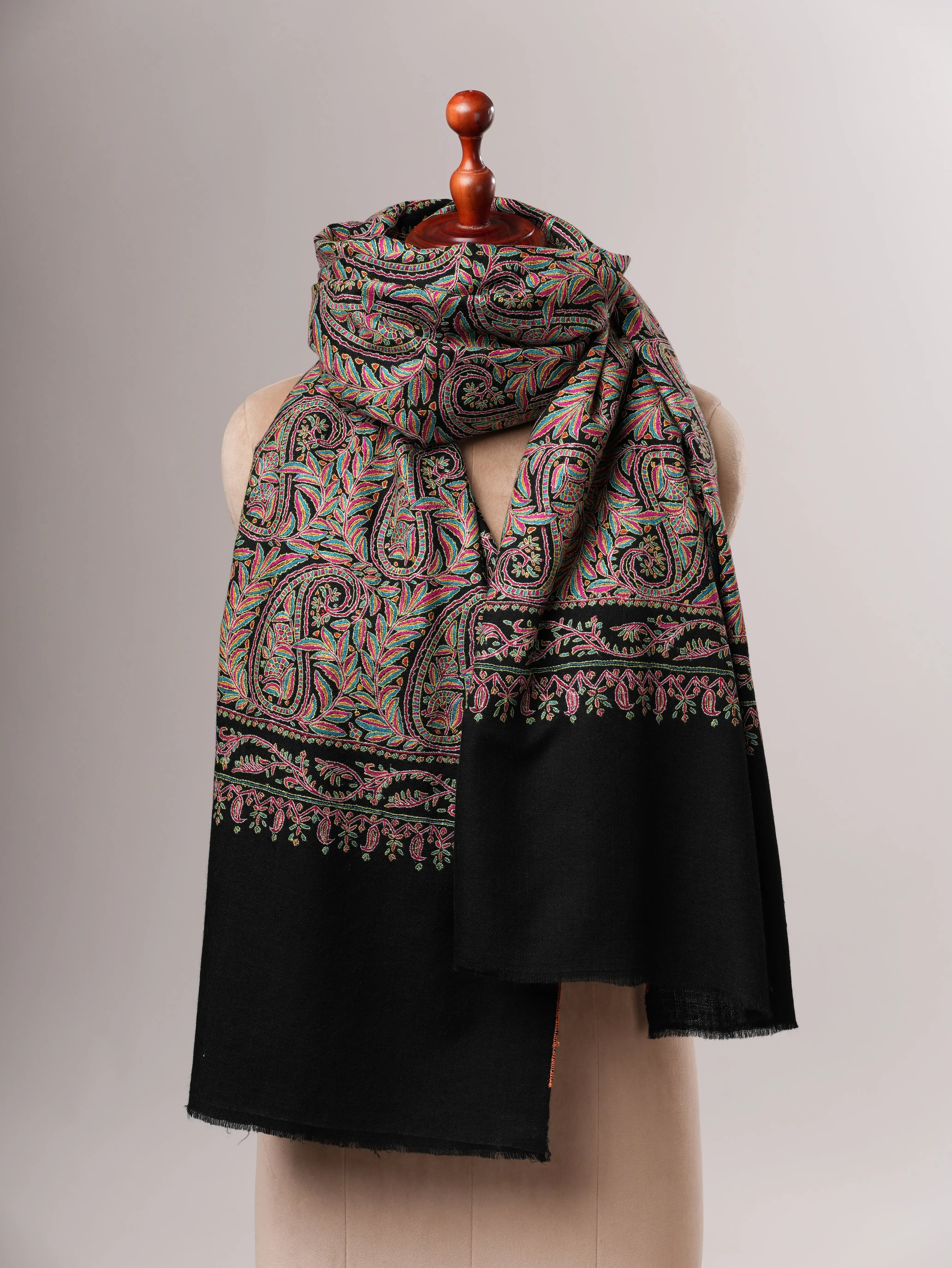 Kashmiri Black Pashmina Jamavar Shawl with Detailed Paisley Handwork Shahkaar