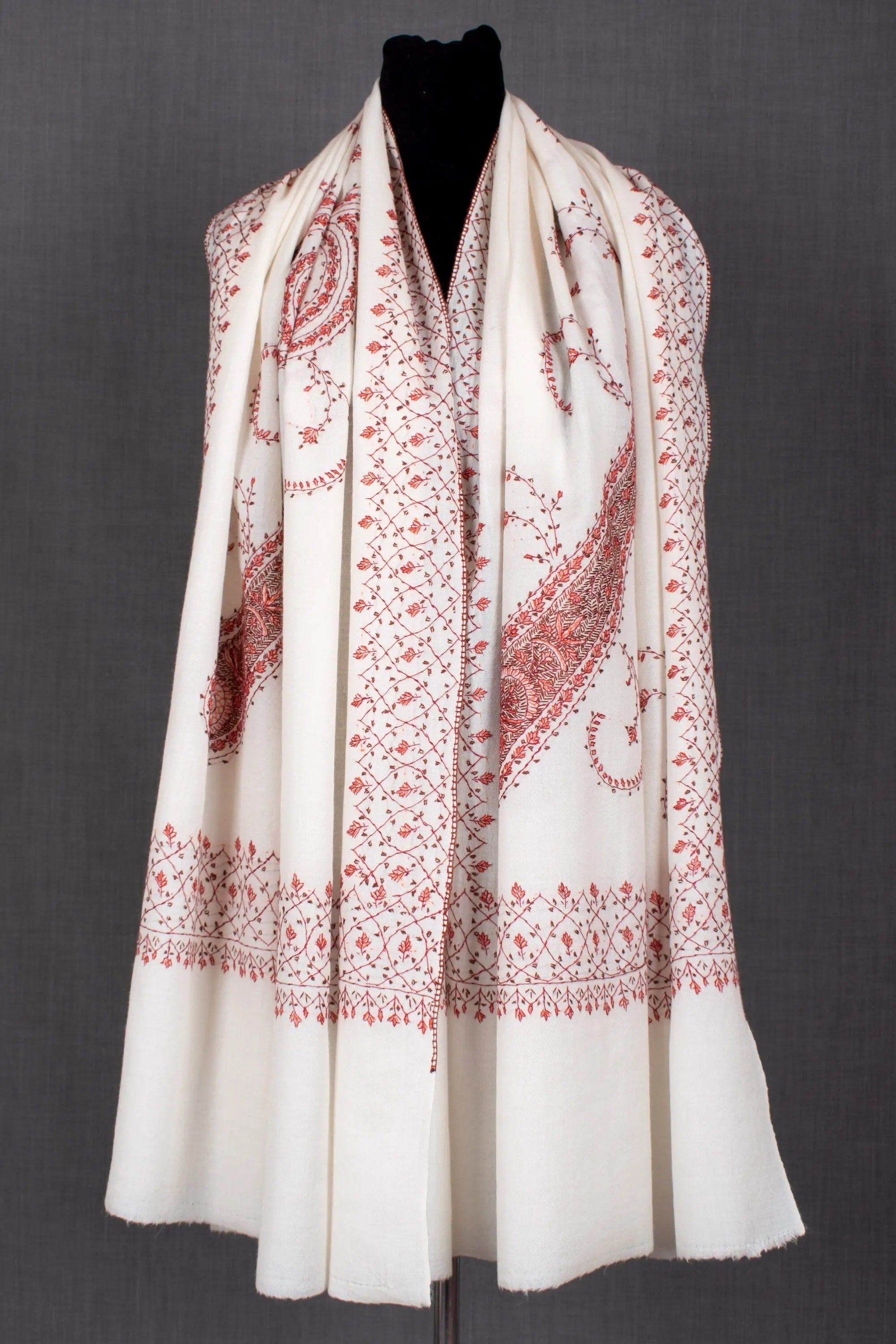 Kashmiri Hand Embroidery Needlework on Fine Wool Shawl No. 6, 40x80" Shahkaar
