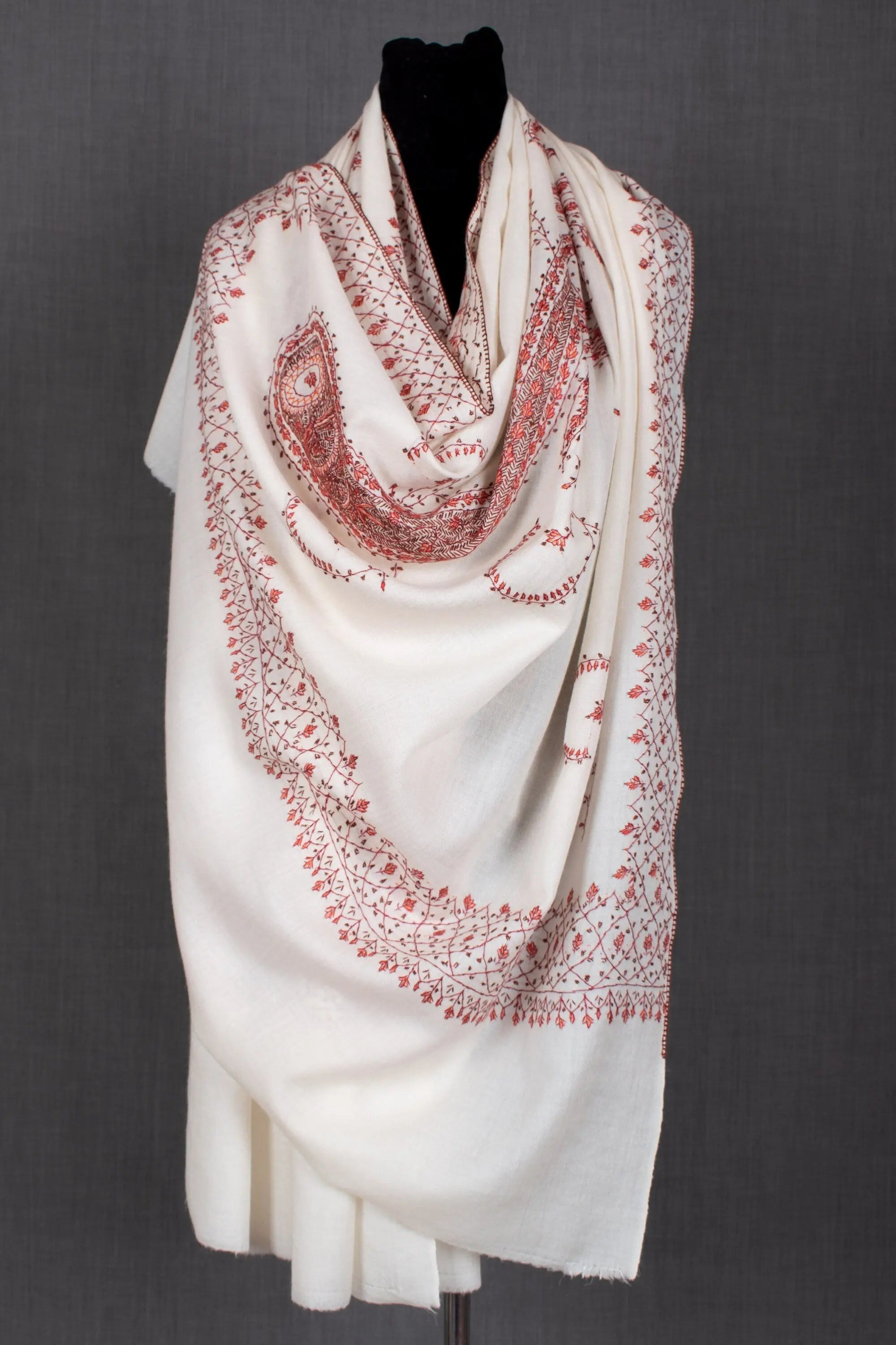 Kashmiri Hand Embroidery Needlework on Fine Wool Shawl No. 6, 40x80" Shahkaar
