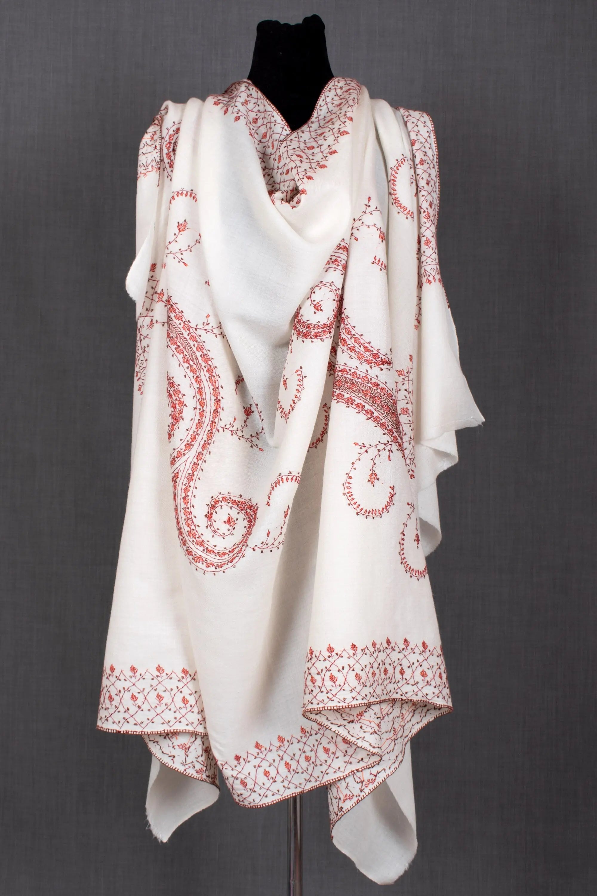 Kashmiri Hand Embroidery Needlework on Fine Wool Shawl No. 6, 40x80" Shahkaar