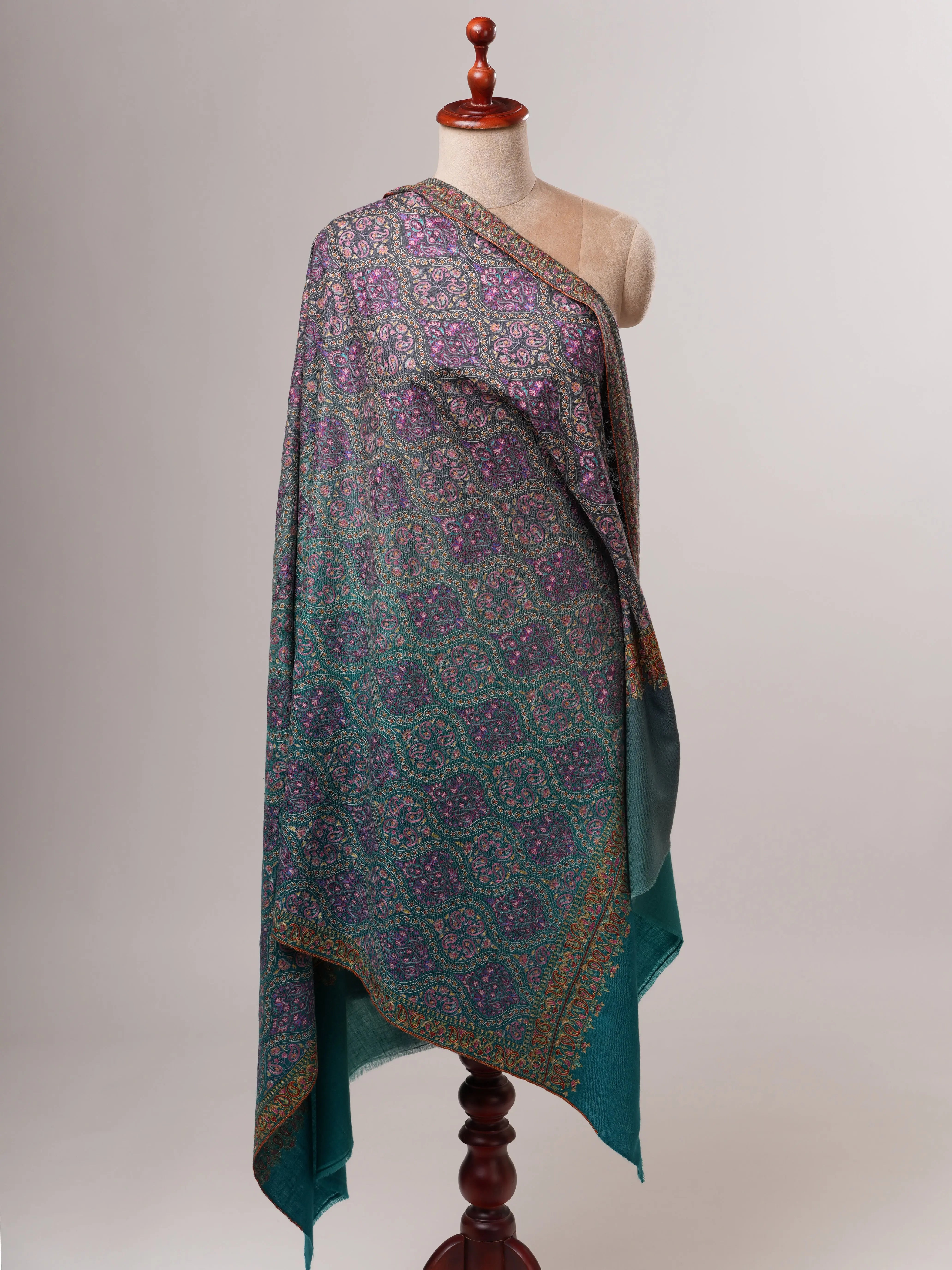 Kashmiri Pashmina Shawl in Turquoise Ombrie with Hand Hook Embroidery Shahkaar