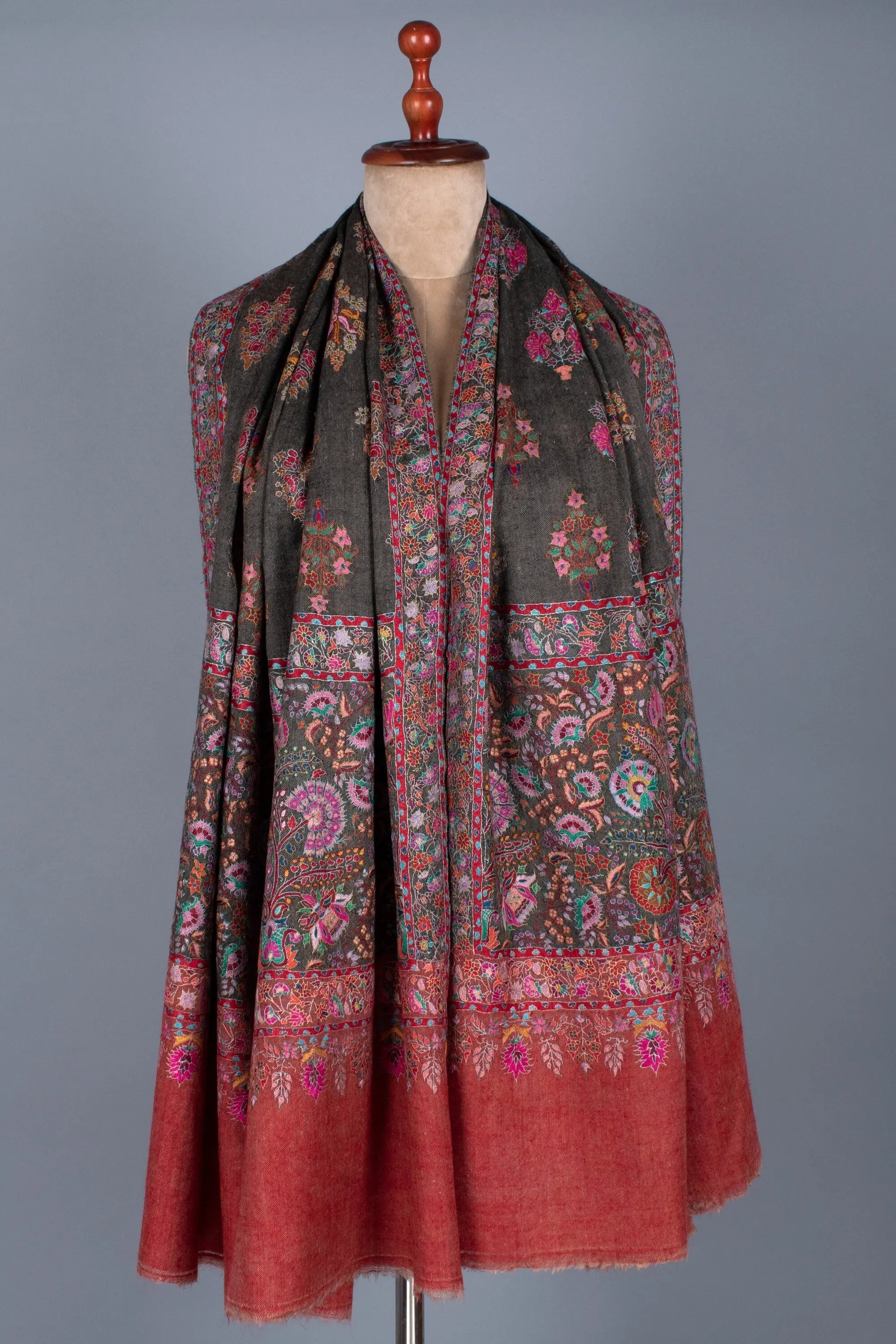 Kashmiri Pashmina Shawl, Luxury Indian Embroidery Wrap, Red & Black, Hand Embroidered Shawl, Exclusive Shawl, 40x80" - MERIDIAN Shahkaar