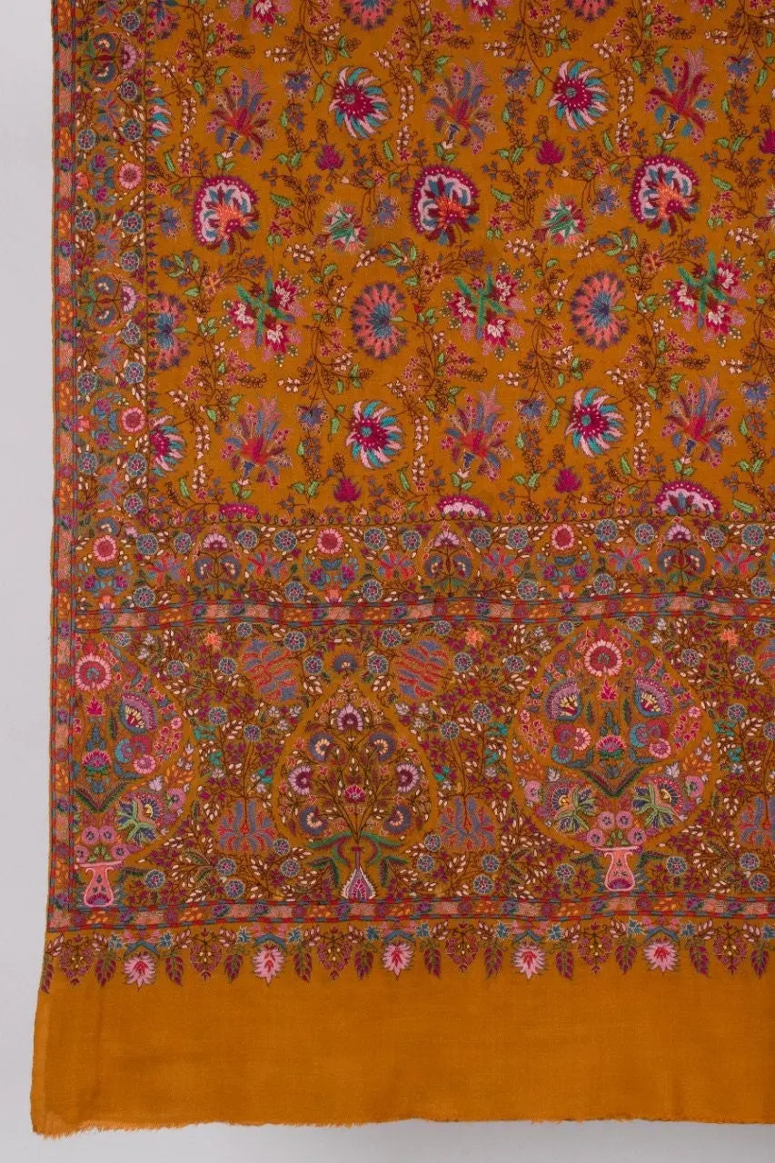 Kashmiri Pashmina Shawl, Special Indian Embroidery Wrap, Cashmere Scarf, Hand Embroidered Shawl, Mustard Shawl, 40x80" - CHARLOTTE Shahkaar