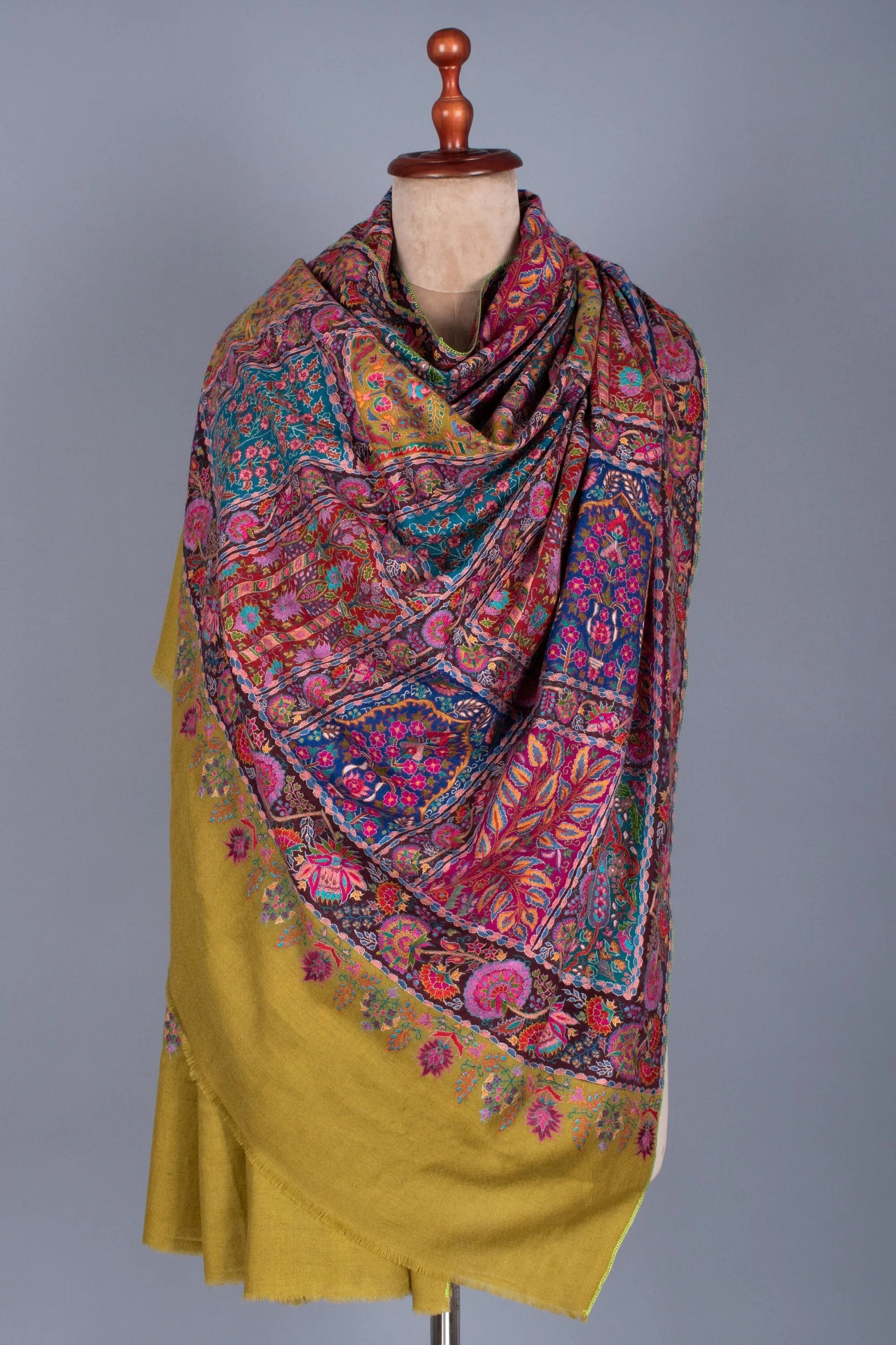 Kashmiri Pashmina Shawl, Special Indian Embroidery Wrap, Lemon Ginger Color, Hand Embroidered Shawl, Exclusive Shawl, 40x80" - LAKEWOOD Shahkaar