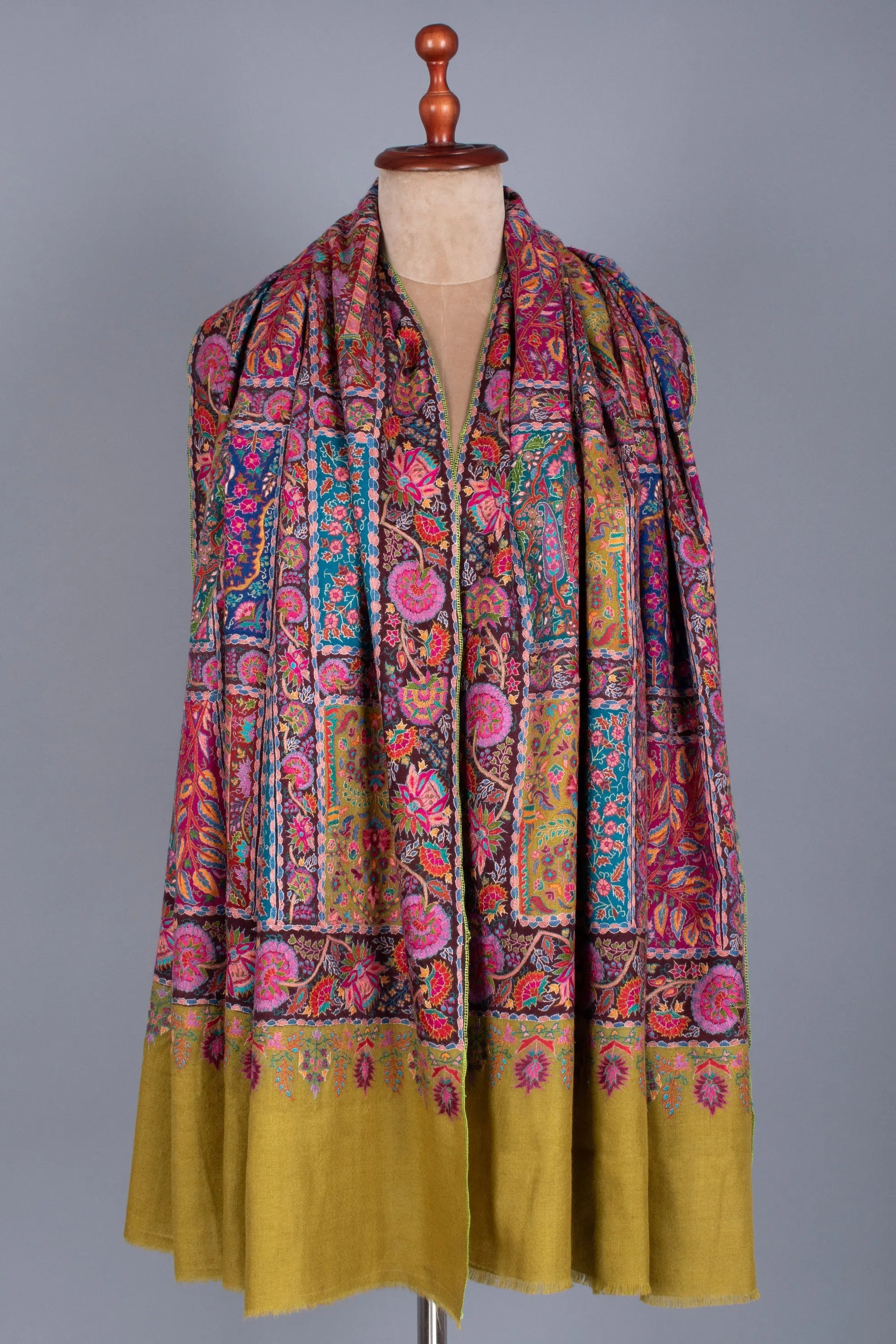 Kashmiri Pashmina Shawl, Special Indian Embroidery Wrap, Lemon Ginger Color, Hand Embroidered Shawl, Exclusive Shawl, 40x80" - LAKEWOOD Shahkaar