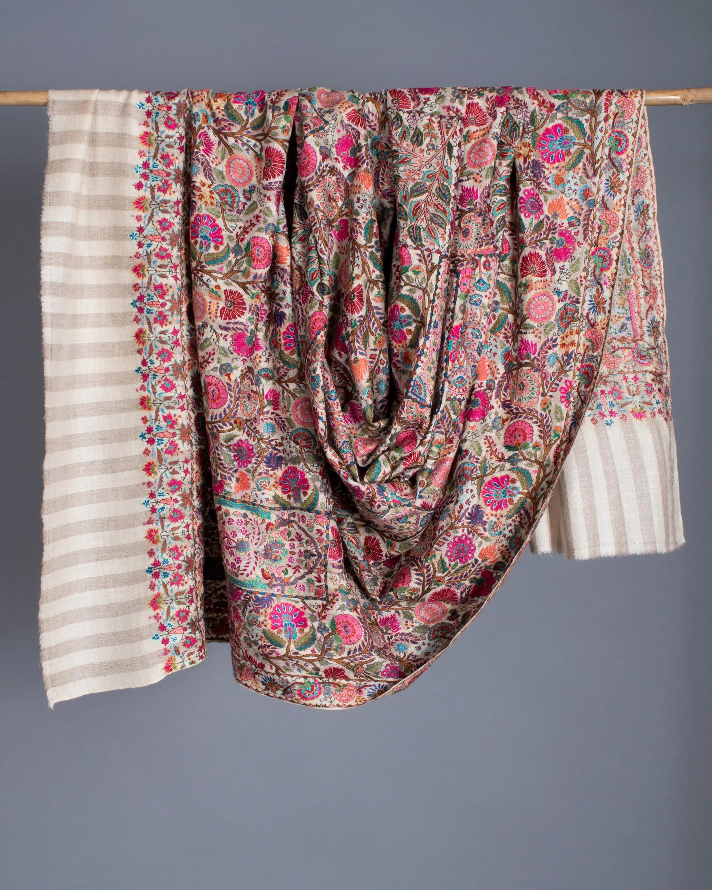 Kashmiri Pashmina Shawl, Stripes Indian Embroidery Wrap, Cashmere Scarf, Hand Embroidered Shawl, Exclusive Shawl, 40x80" - BRASOV Shahkaar