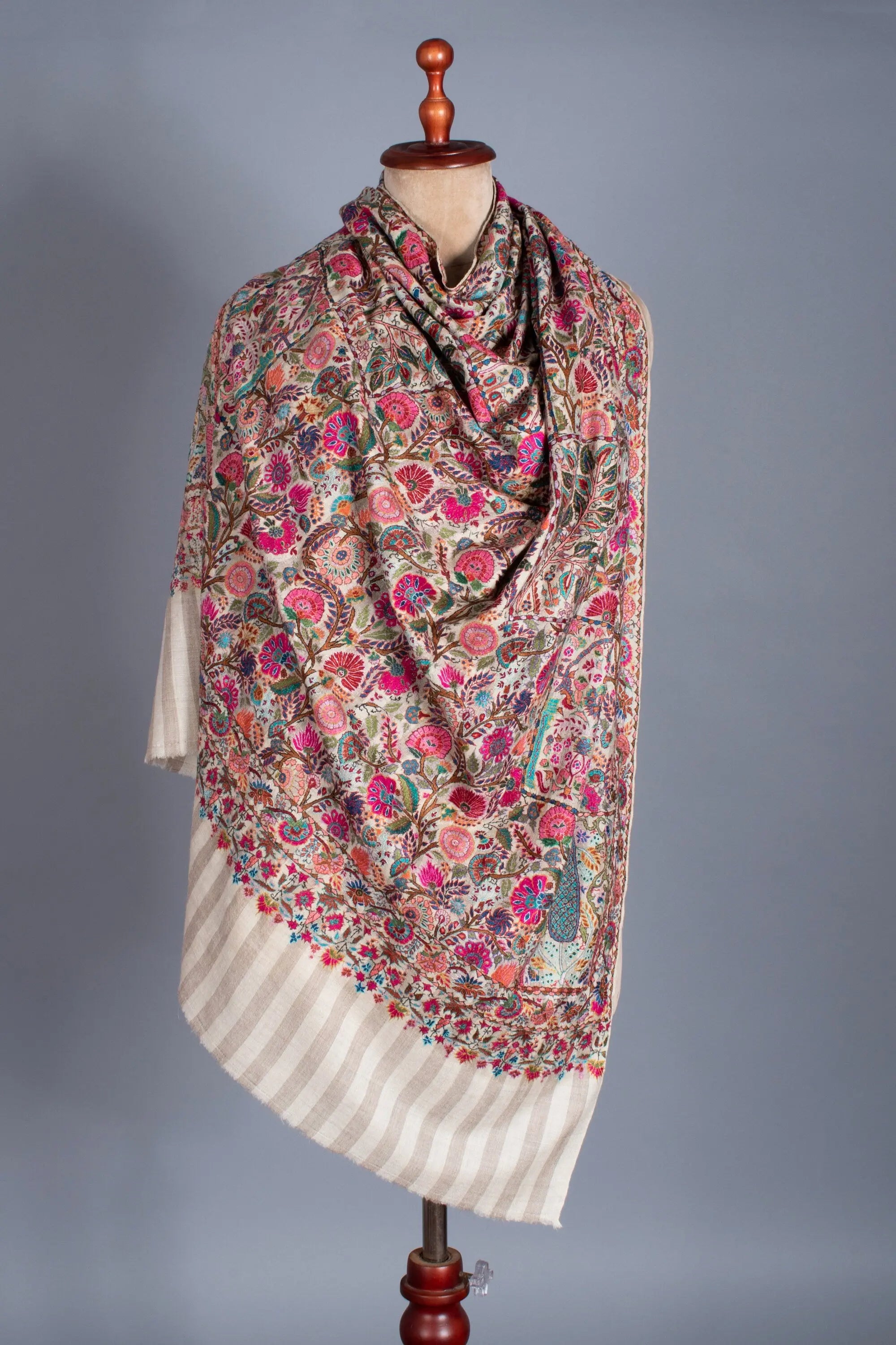 Kashmiri Pashmina Shawl, Stripes Indian Embroidery Wrap, Cashmere Scarf, Hand Embroidered Shawl, Exclusive Shawl, 40x80" - BRASOV Shahkaar