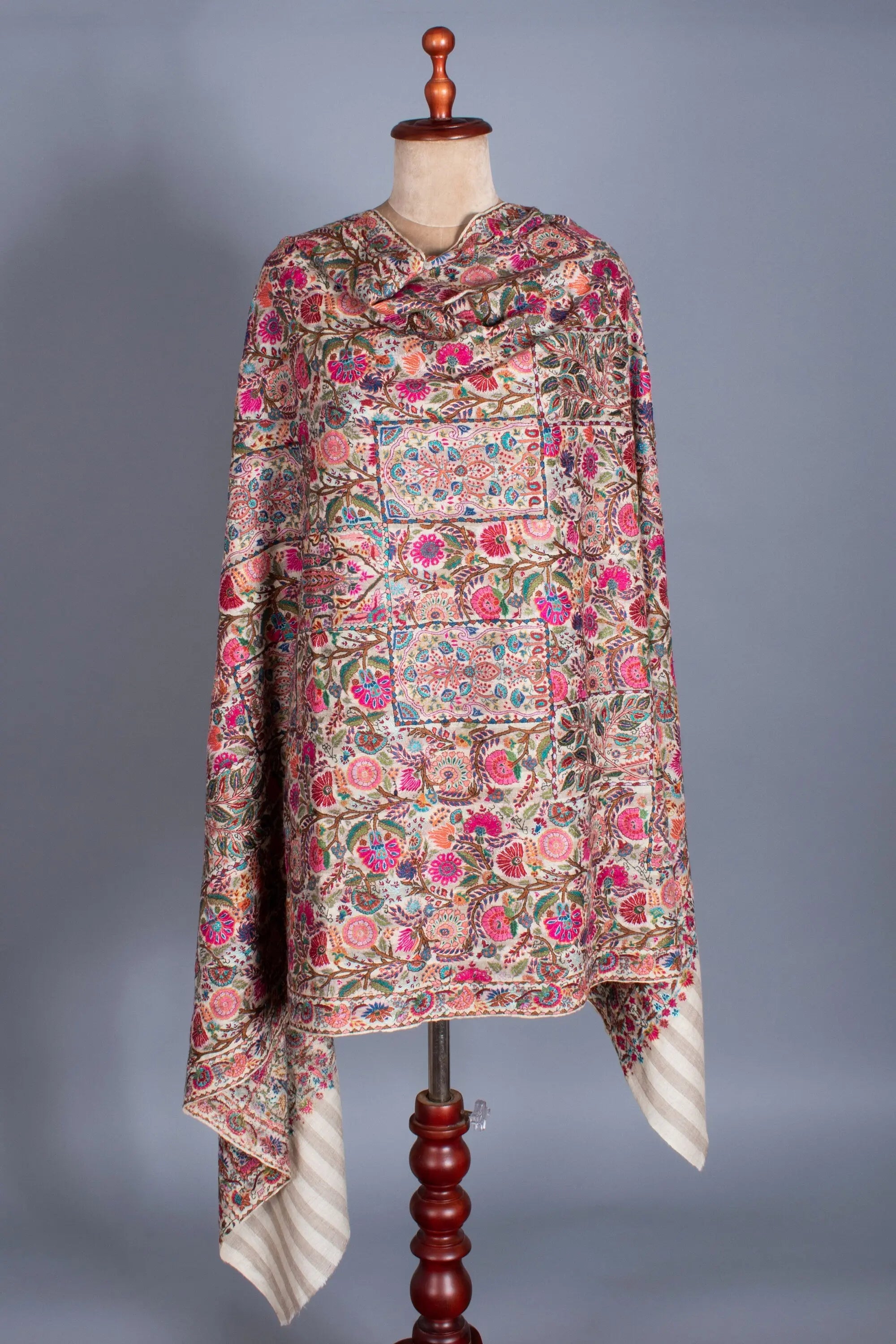 Kashmiri Pashmina Shawl, Stripes Indian Embroidery Wrap, Cashmere Scarf, Hand Embroidered Shawl, Exclusive Shawl, 40x80" - BRASOV Shahkaar