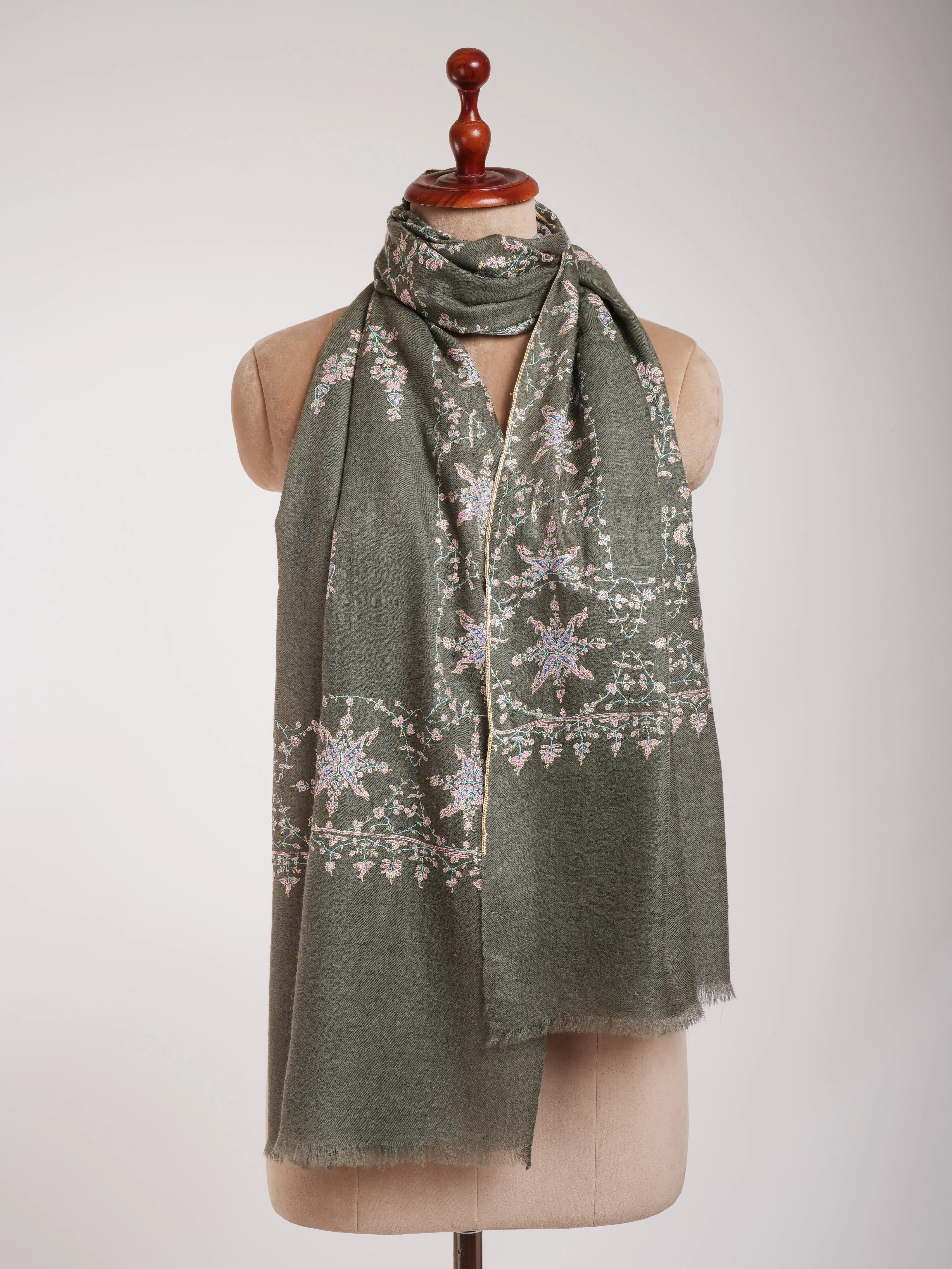 Khaki Green Cashmere Pashmina Sozni Embroidery Kashmiri Wrap Shahkaar