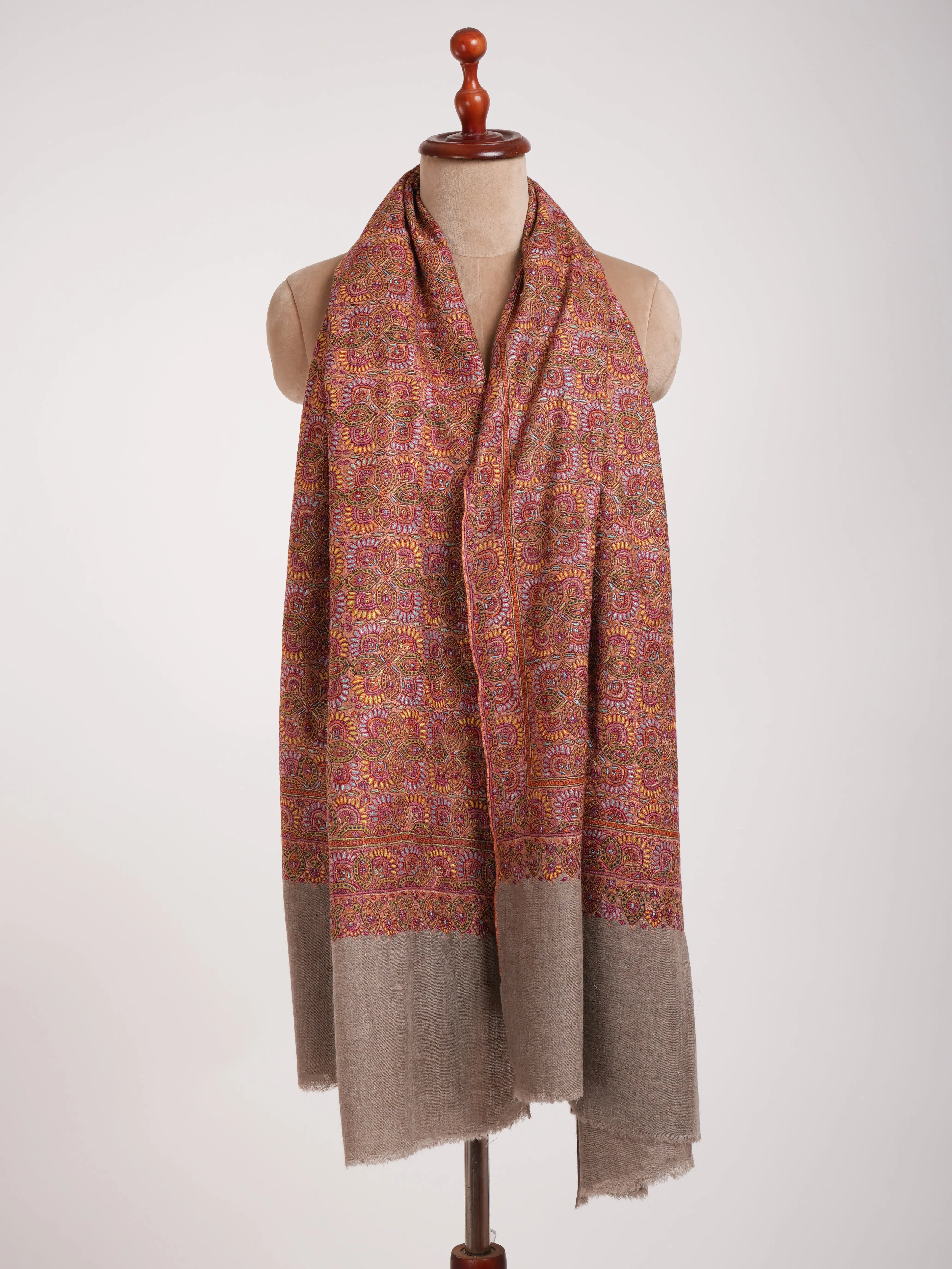Khatamband Embroidered Natural Grey Pashmina Jamavar Shawl Shahkaar