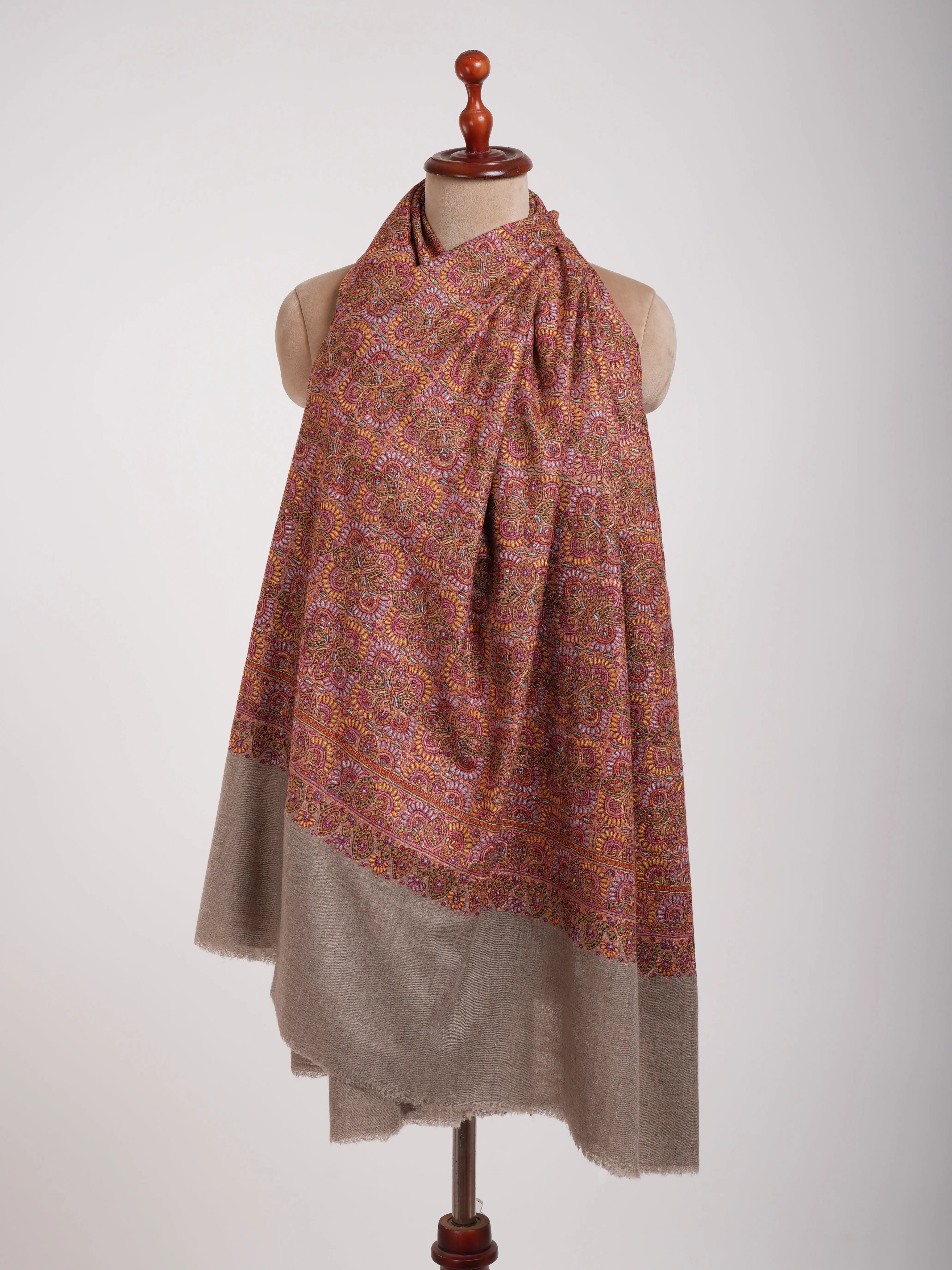 Khatamband Embroidered Natural Grey Pashmina Jamavar Shawl Shahkaar