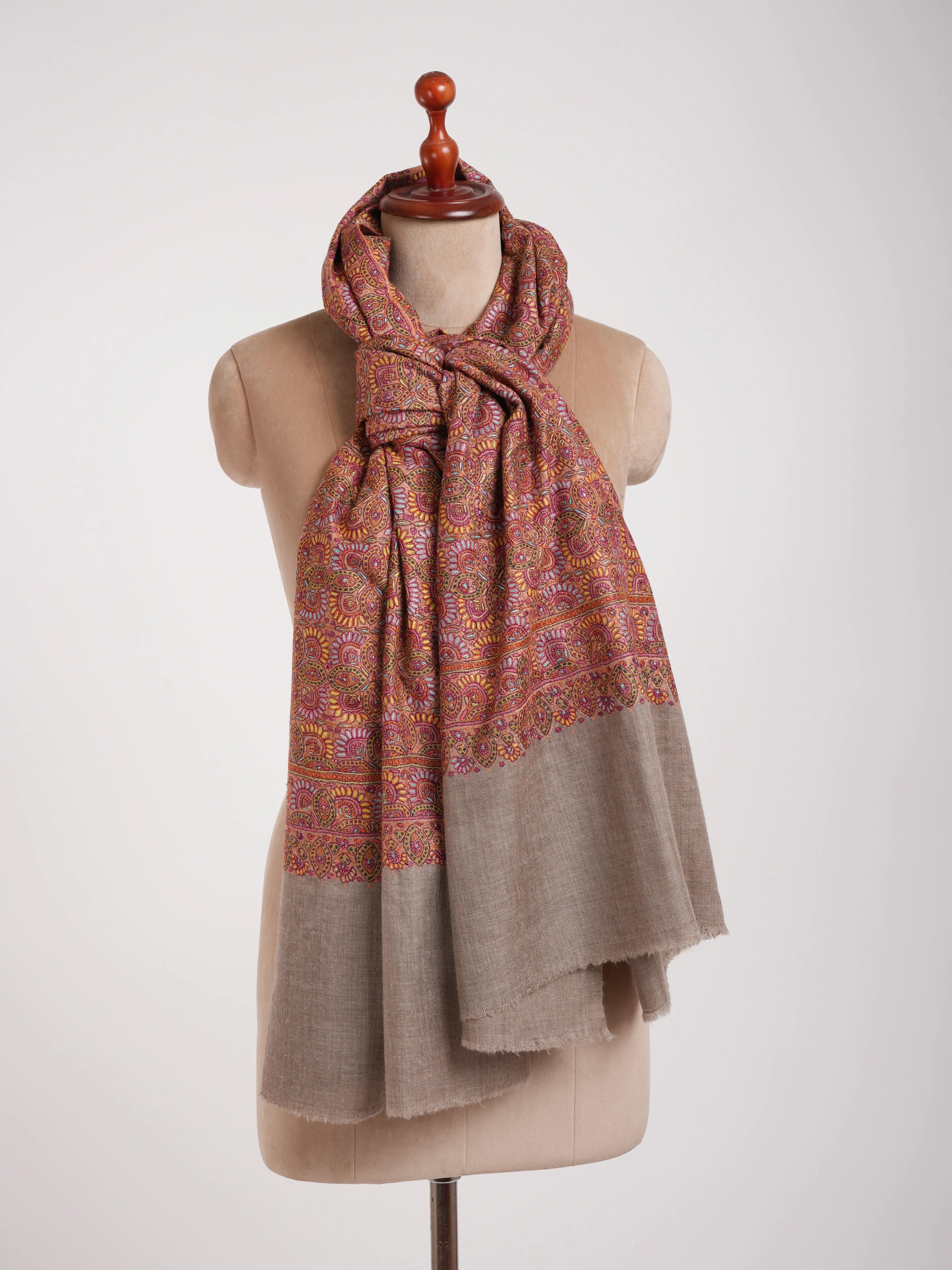 Khatamband Embroidered Natural Grey Pashmina Jamavar Shawl Shahkaar