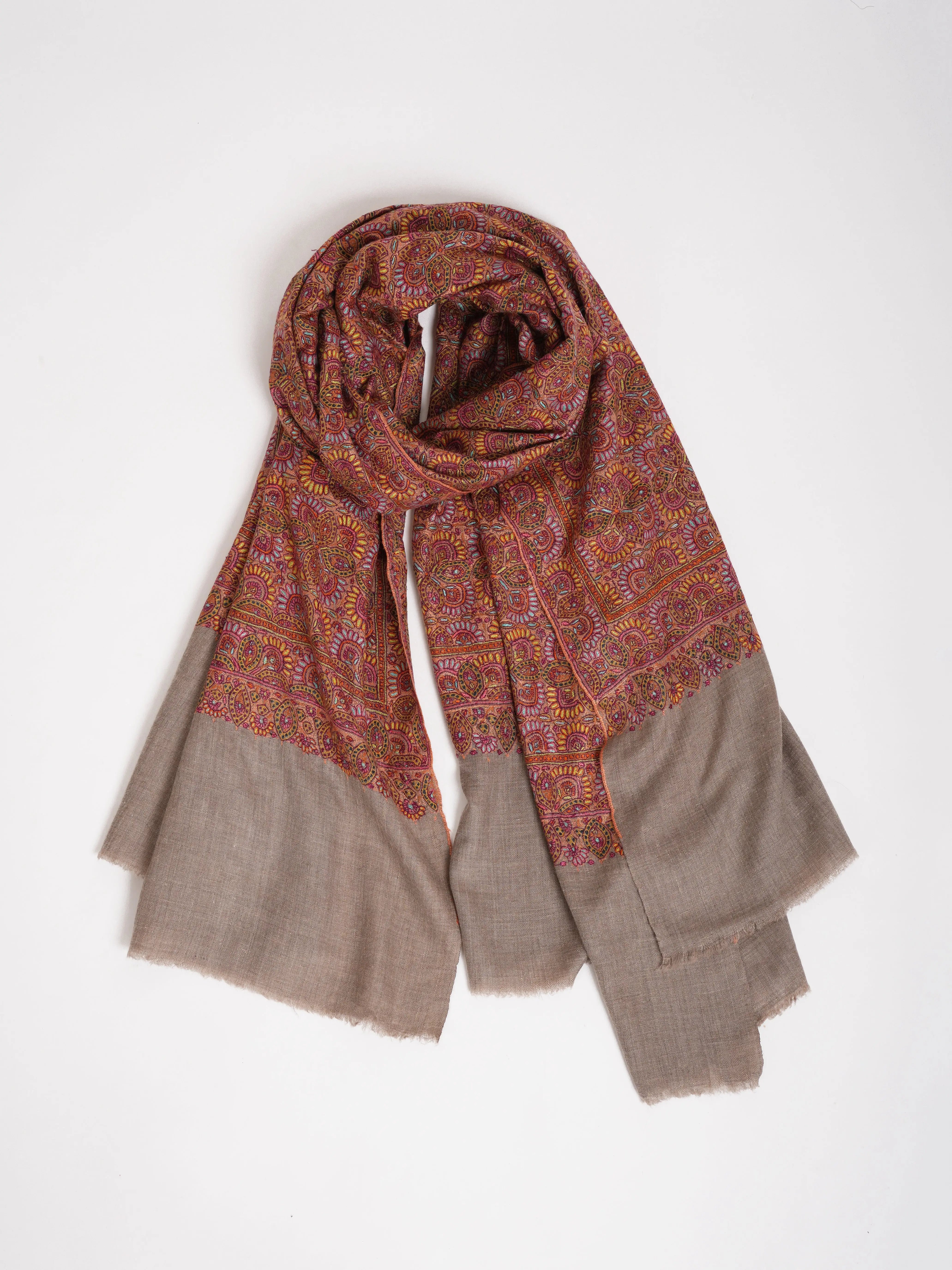 Khatamband Embroidered Natural Grey Pashmina Jamavar Shawl Shahkaar