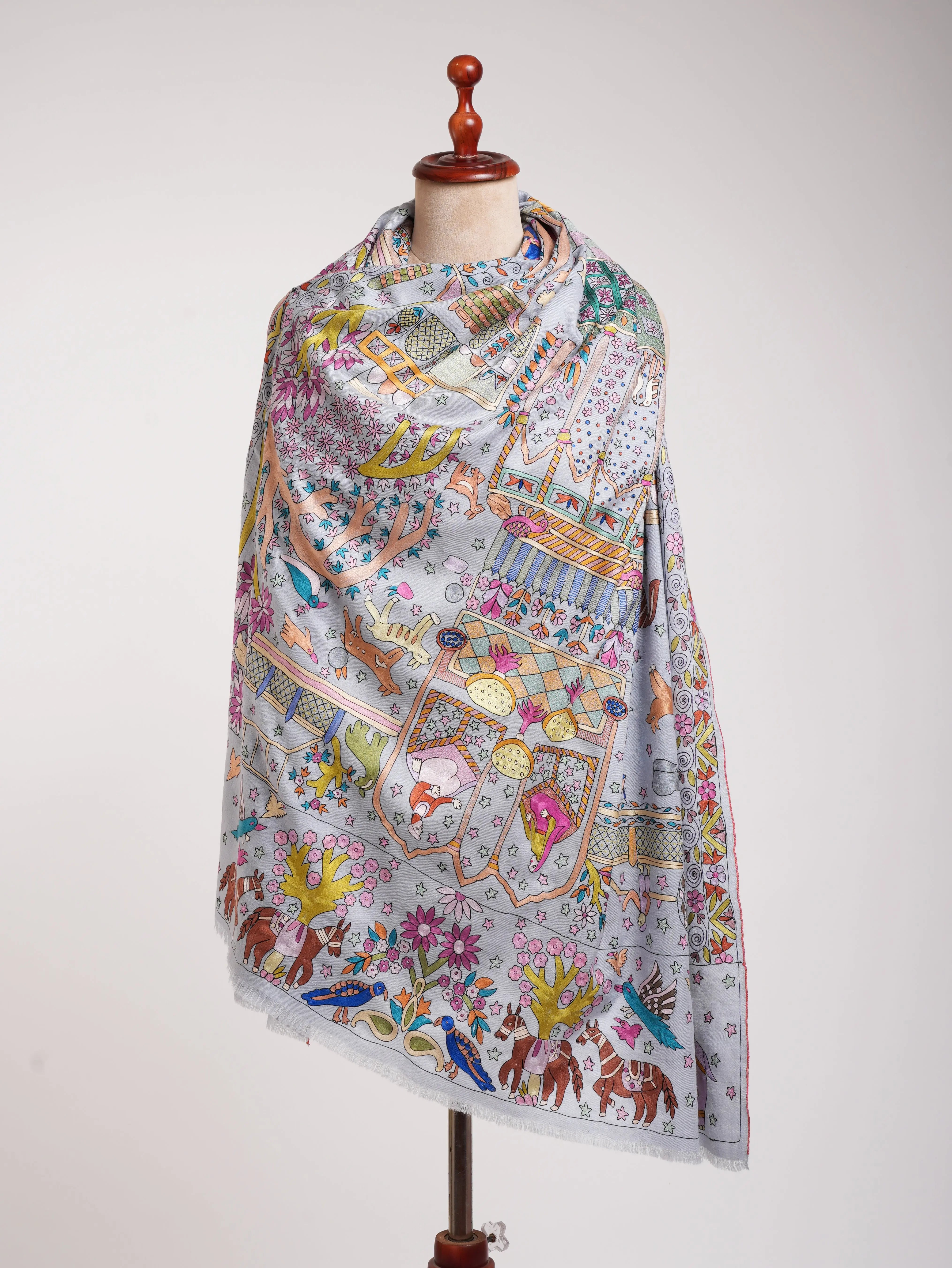 Lavender Artistic Embroidered Indian Pashmina Shawl Shahkaar