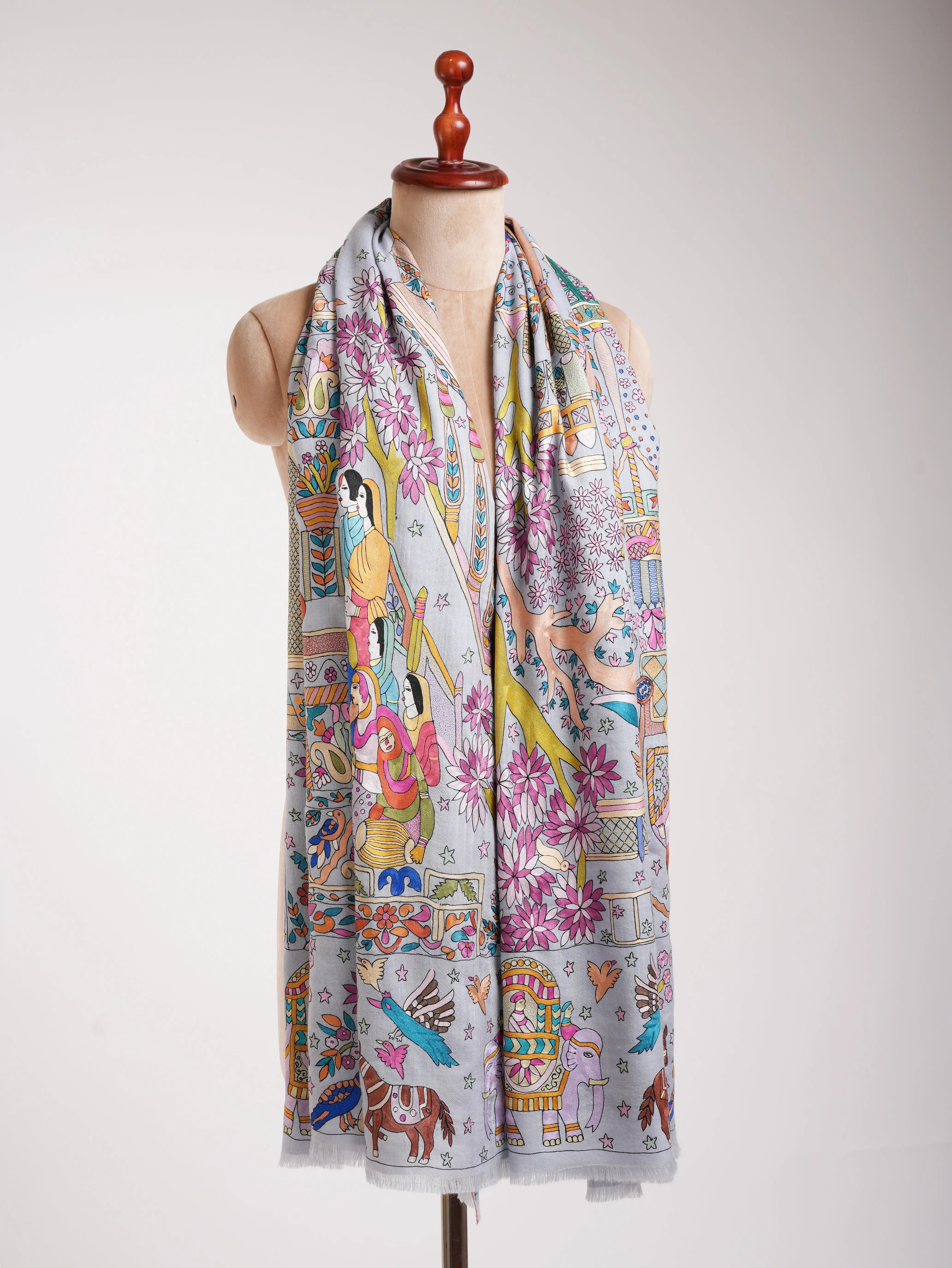 Lavender Artistic Embroidered Indian Pashmina Shawl Shahkaar