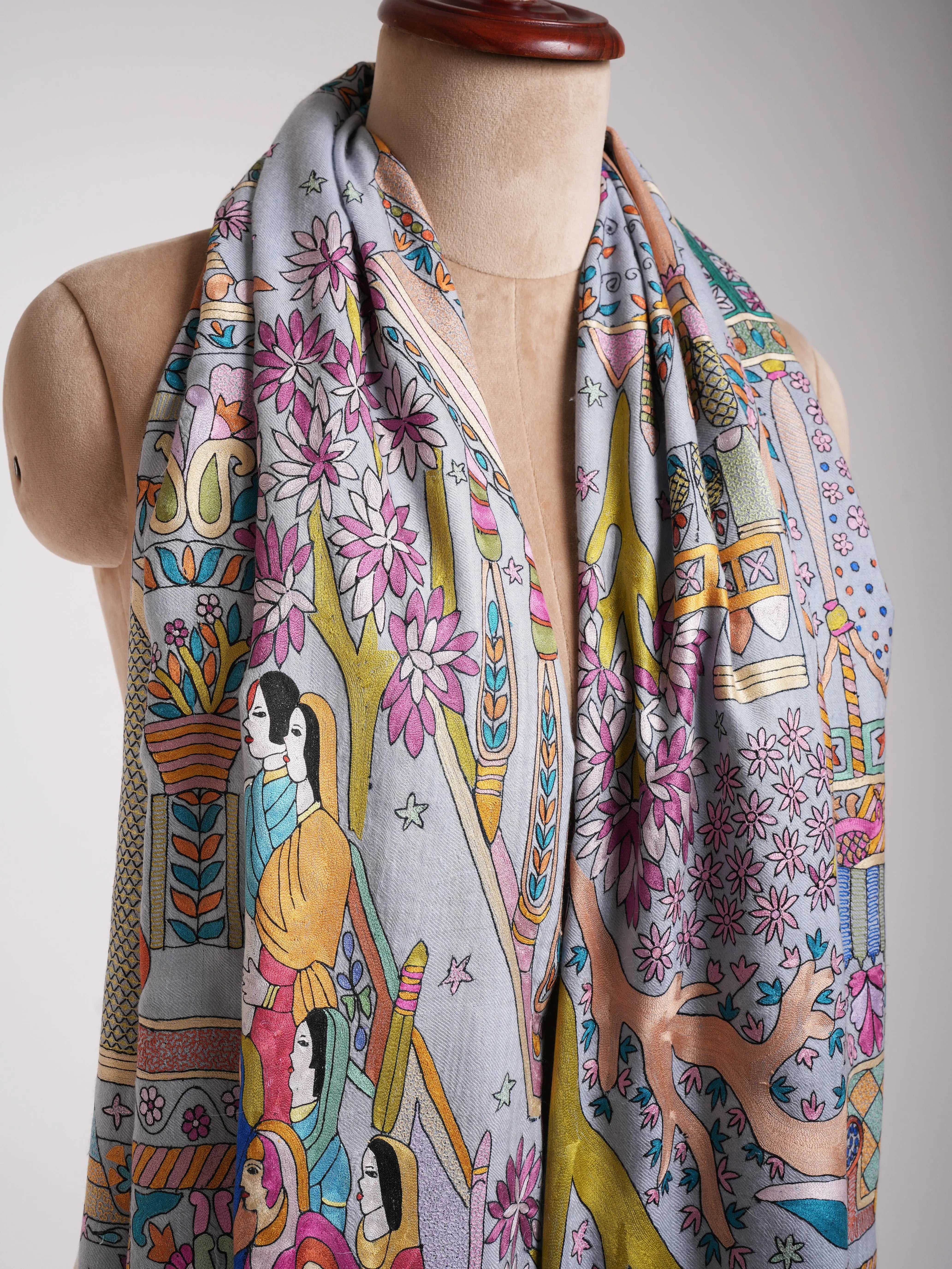 Lavender Artistic Embroidered Indian Pashmina Shawl Shahkaar