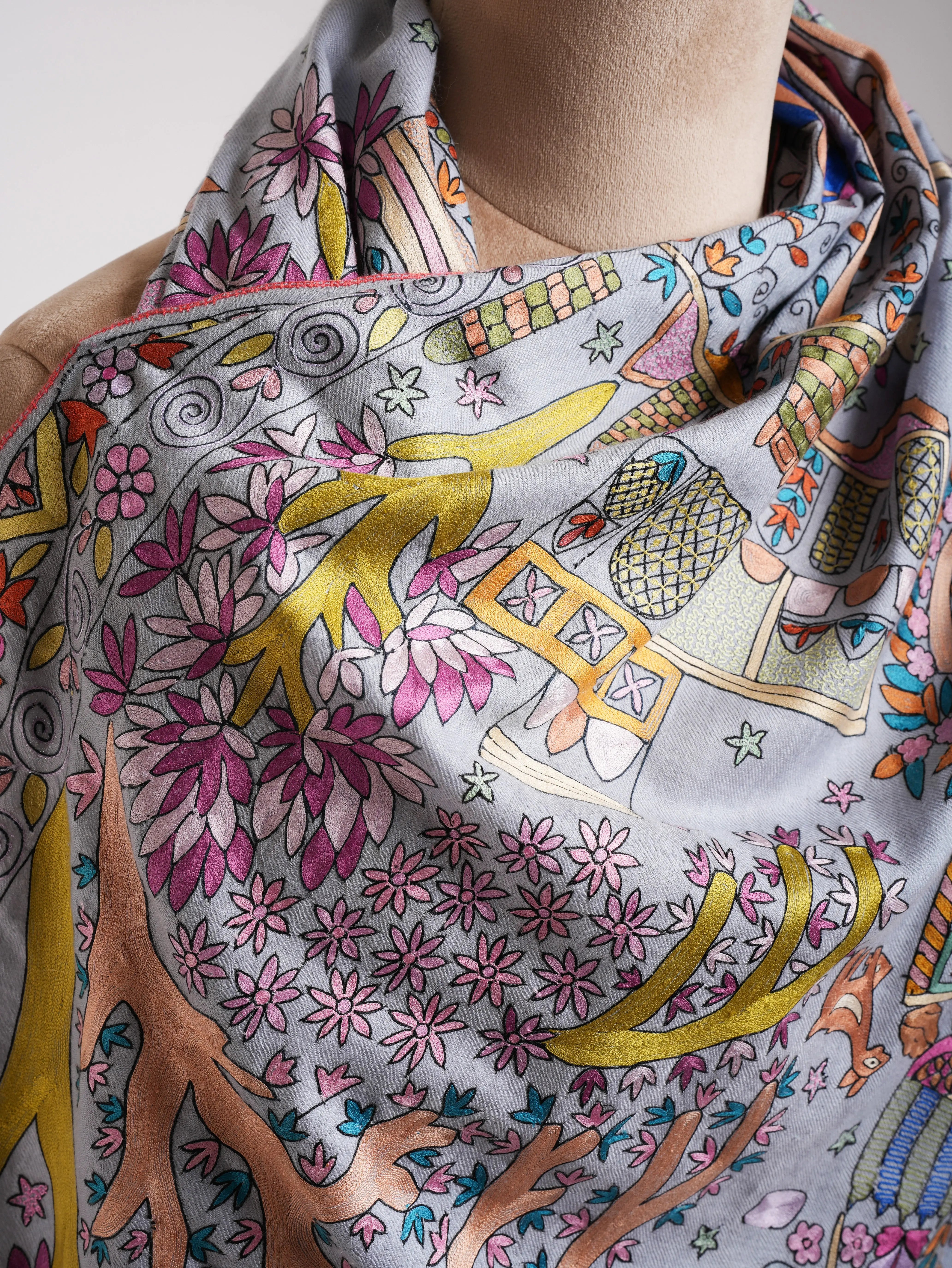 Lavender Artistic Embroidered Indian Pashmina Shawl Shahkaar
