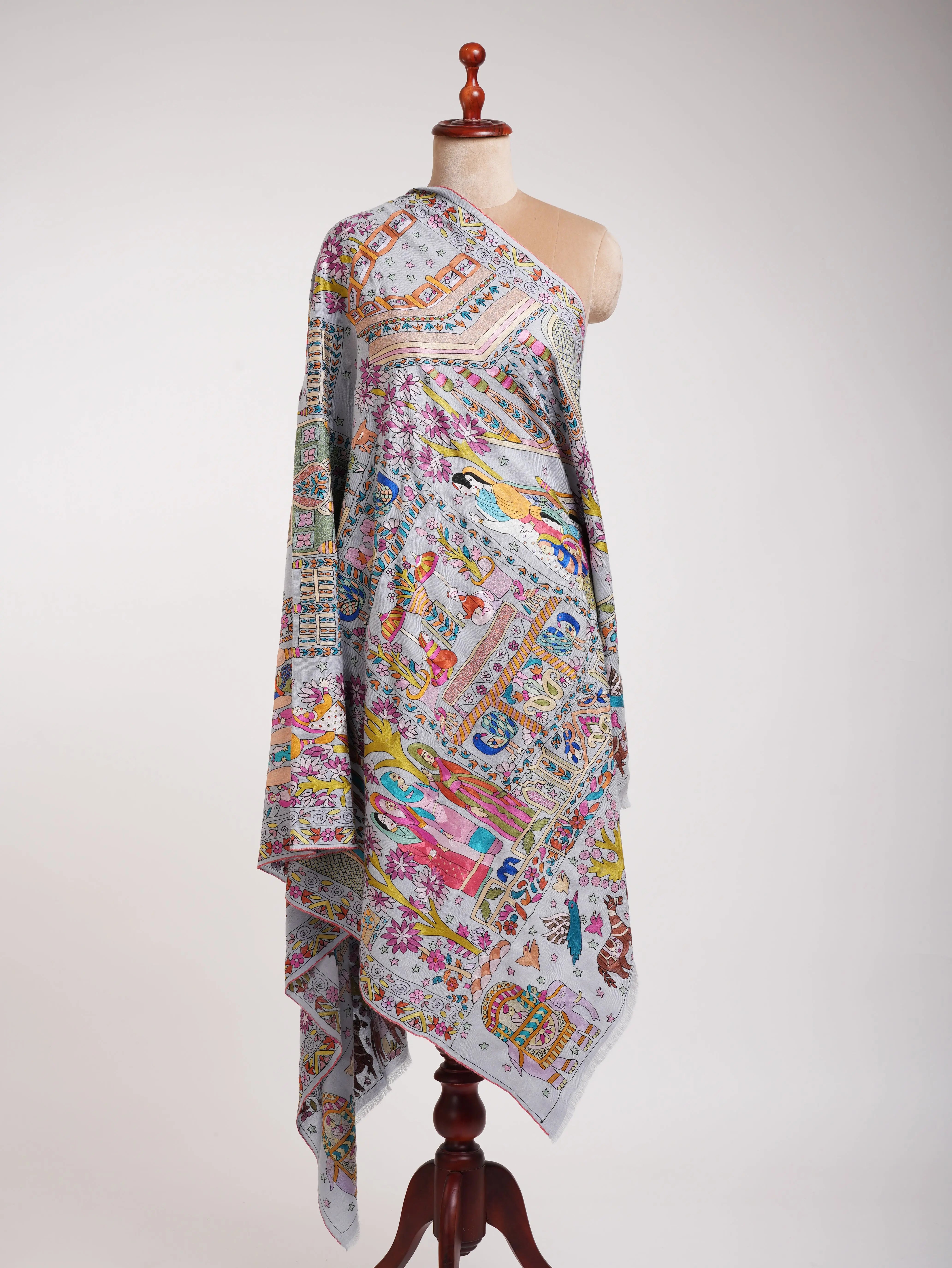 Lavender Artistic Embroidered Indian Pashmina Shawl Shahkaar