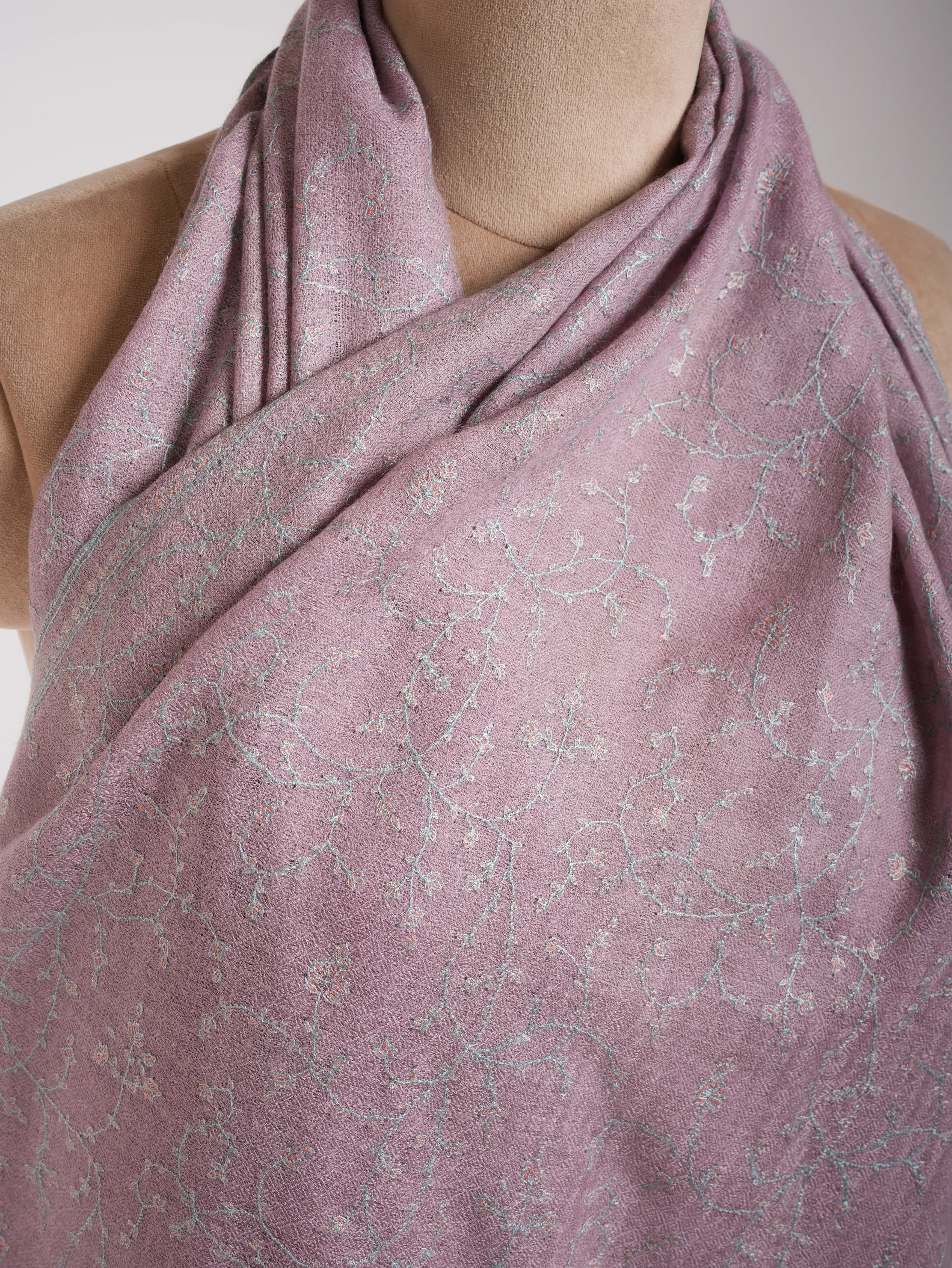 Lavender Color Sozni Embroidered Cashmere Pashmina Scarf Shahkaar