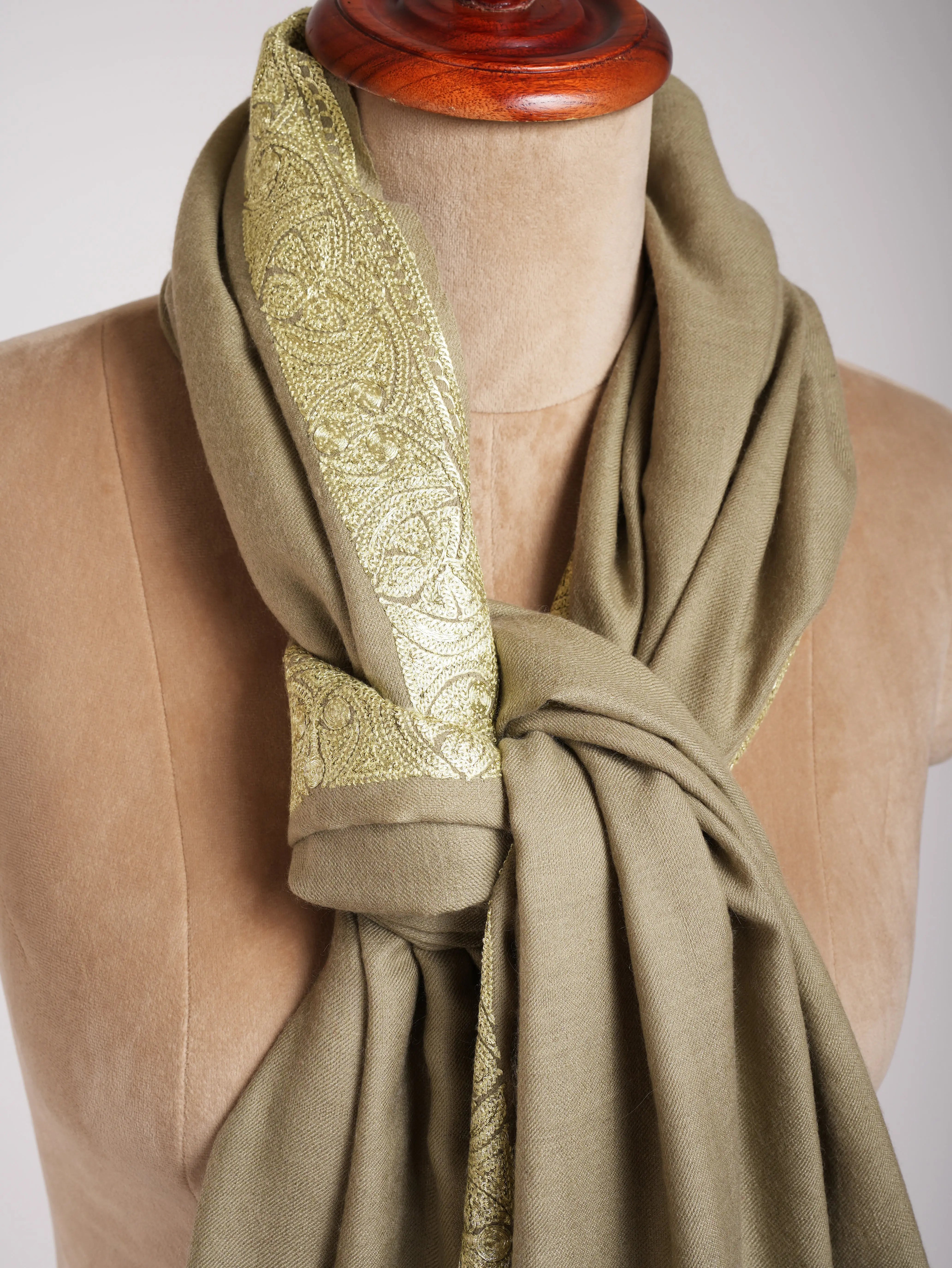 Leak Green Handmade Pashmina Shawl with Tillawork Shahkaar