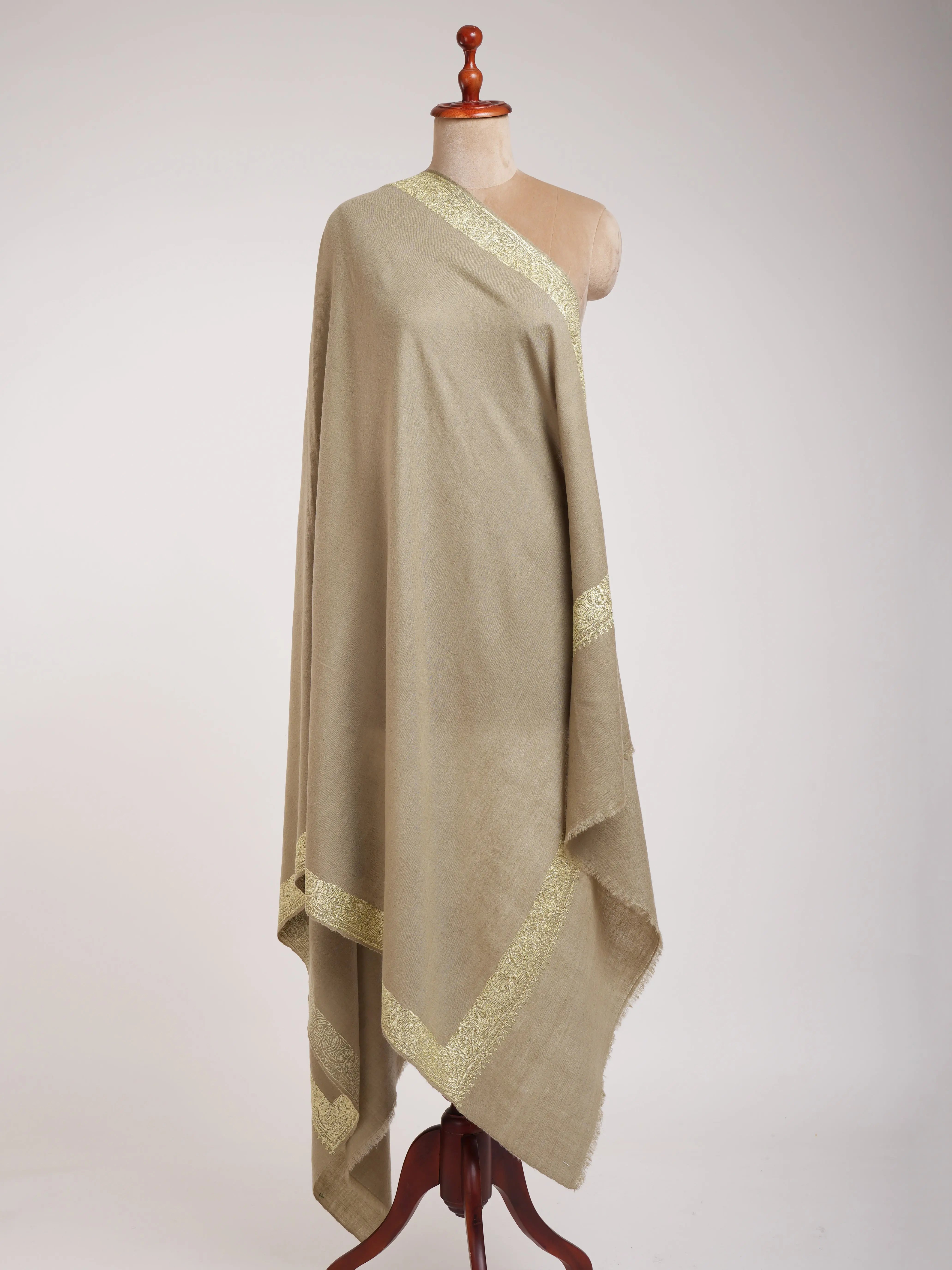 Leak Green Handmade Pashmina Shawl with Tillawork Shahkaar