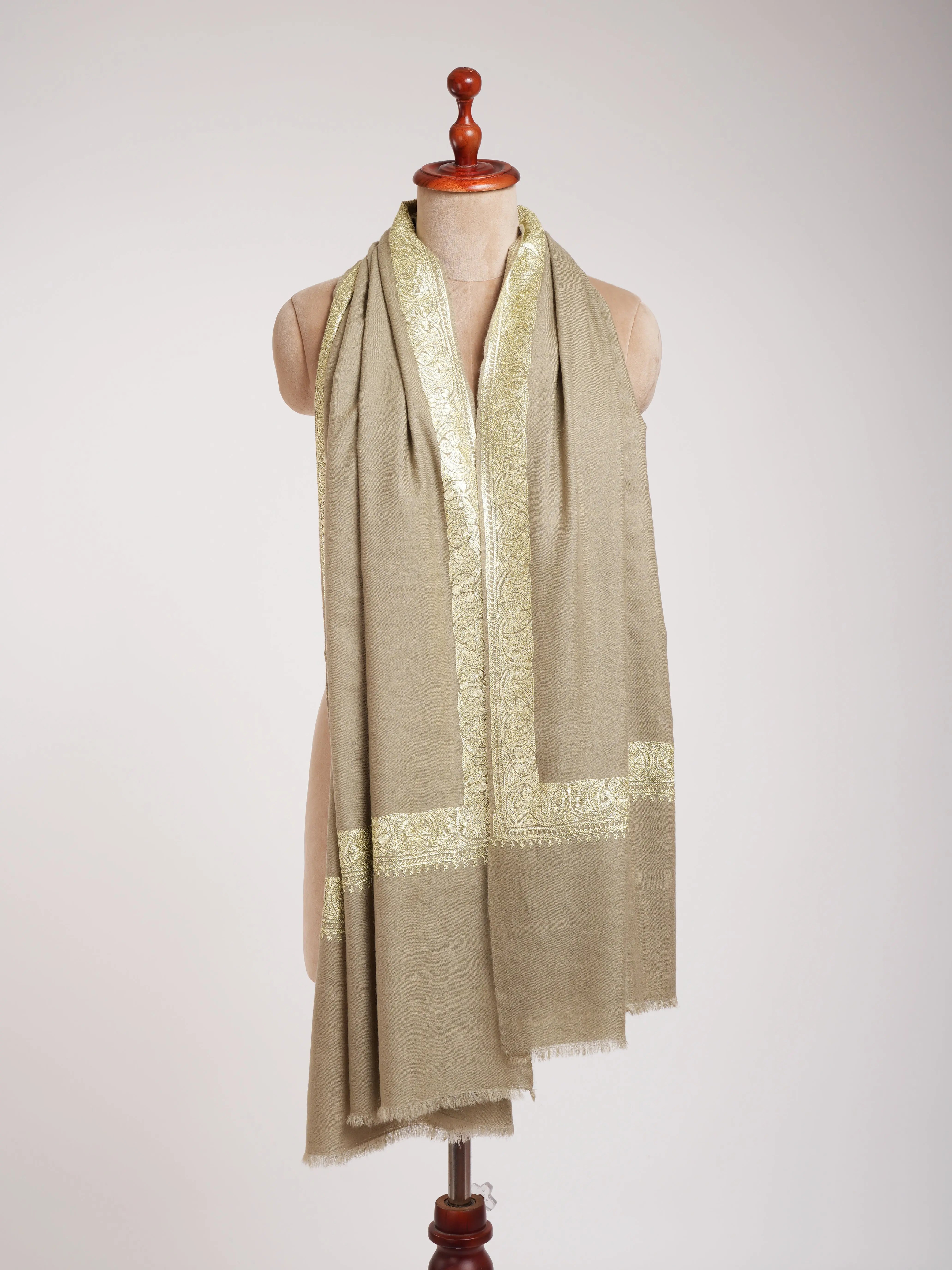Leak Green Handmade Pashmina Shawl with Tillawork Shahkaar